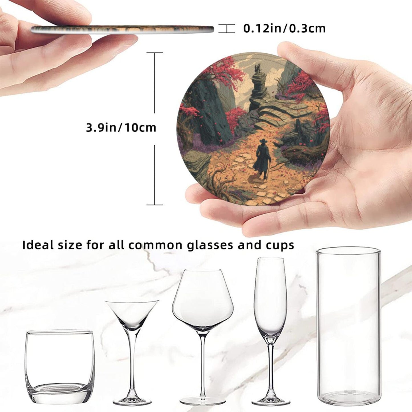 Creative Round Drink Coasters Set of 6 | Fantasy Explorer Design | Non-Slip & Heat-Resistant | With Leather Holder | Fits All Common Glassware