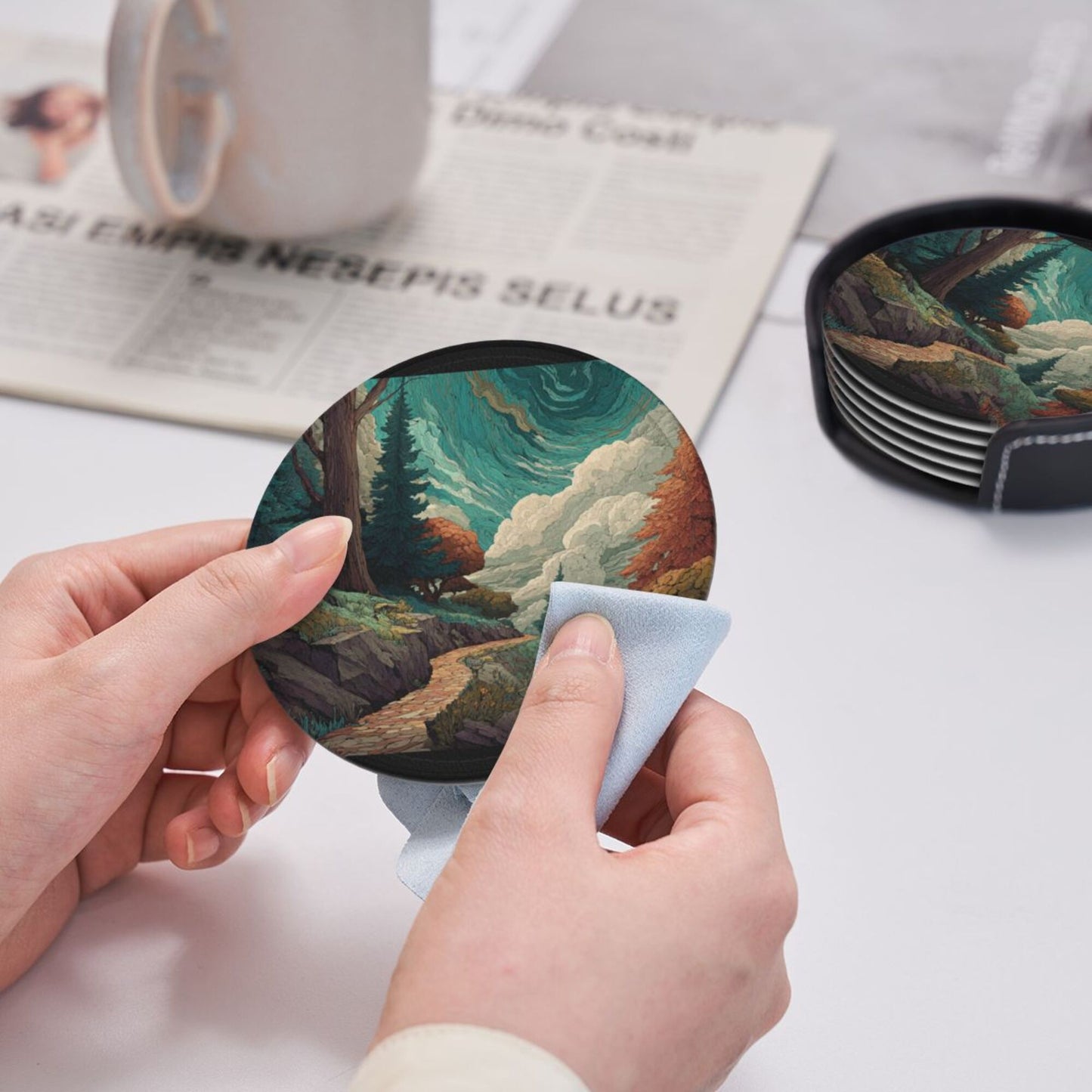 Creative Round Drink Coasters Set of 6 | Forest Path Illustration Design | Non-Slip & Heat-Resistant | With Leather Holder | Fits All Common Glasswar