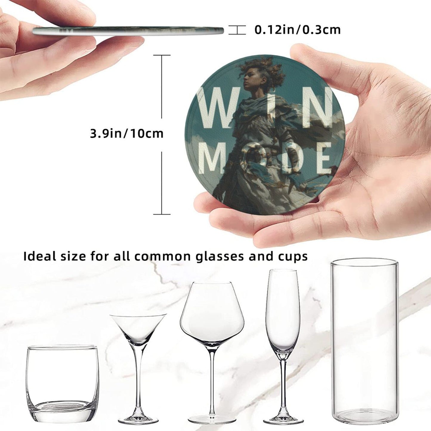 Creative Round Drink Coasters Set of 6 | Non-Slip & Heat-Resistant | WIN MODE Design | With Leather Holder | Fits All Common Glasses