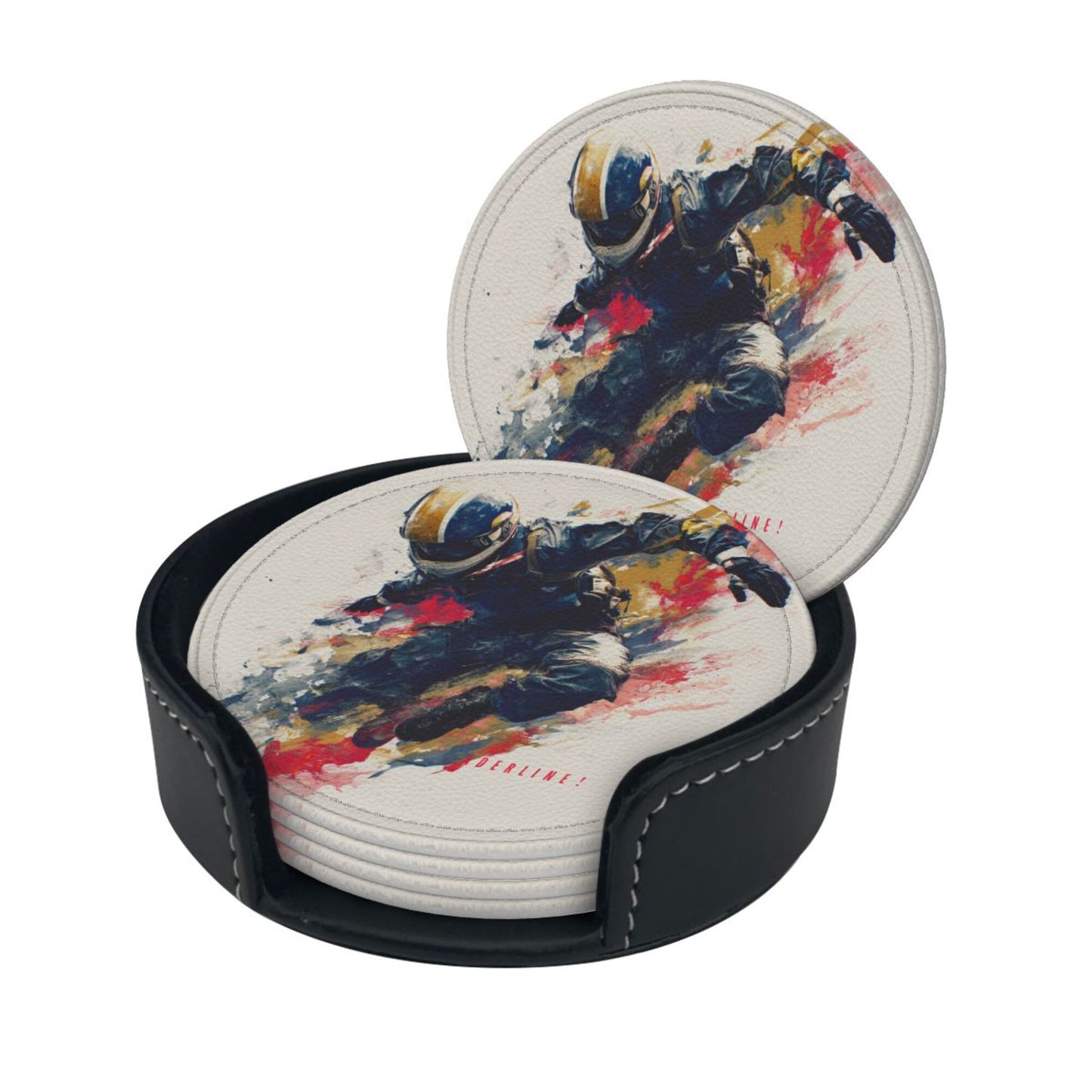 Creative Round Drink Coasters Set of 6 | Extreme Sports Rider Design | Non-Slip & Heat-Resistant | With Leather Holder | Fits All Glassware