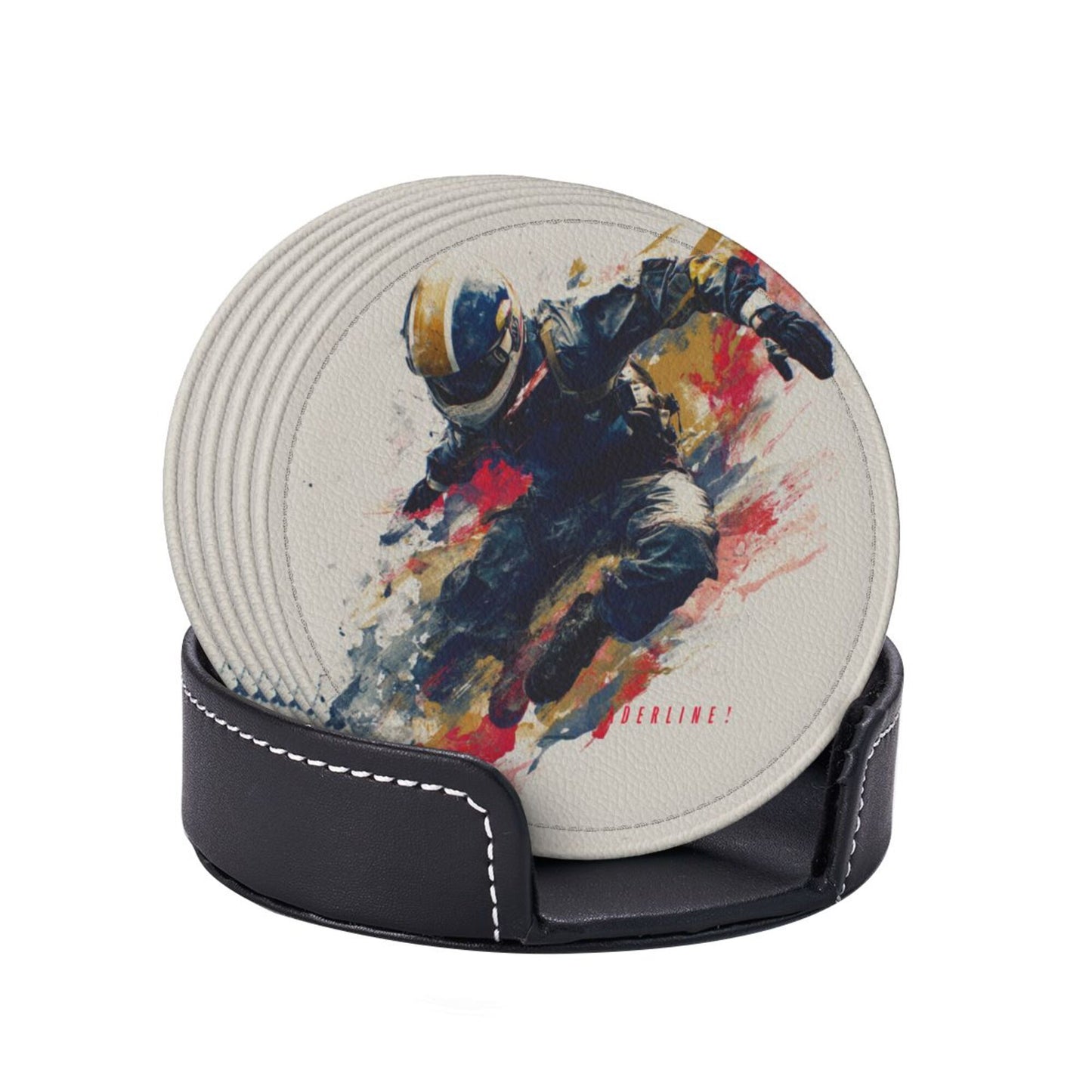 Creative Round Drink Coasters Set of 6 | Extreme Sports Rider Design | Non-Slip & Heat-Resistant | With Leather Holder | Fits All Glassware