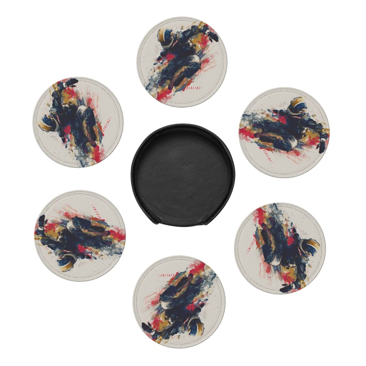 Creative Round Drink Coasters Set of 6 | Extreme Sports Rider Design | Non-Slip & Heat-Resistant | With Leather Holder | Fits All Glassware