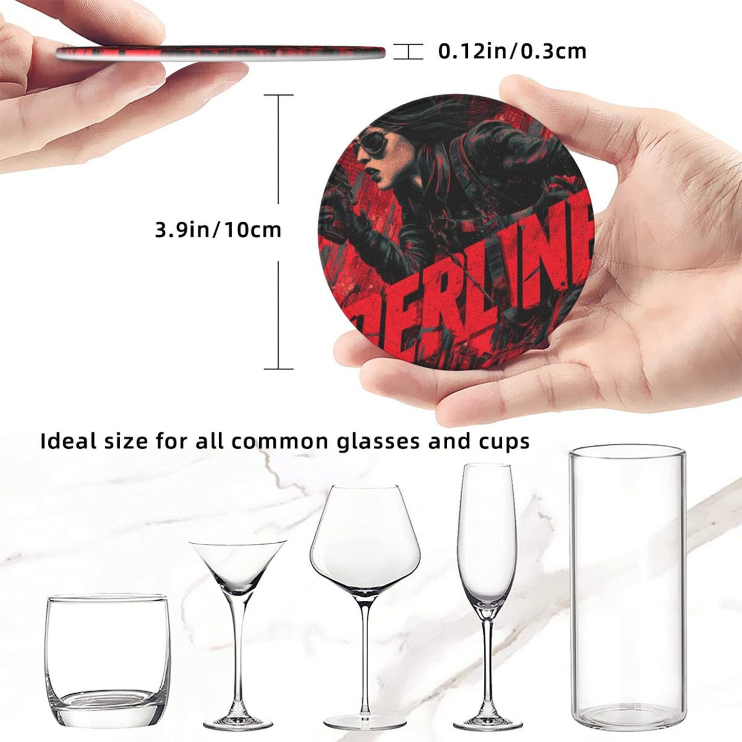 Creative Round Drink Coasters Set of 6 | Black & Red Urban Agent Design | Non-Slip & Heat-Resistant | With Leather Holder | Fits All Common Glassware