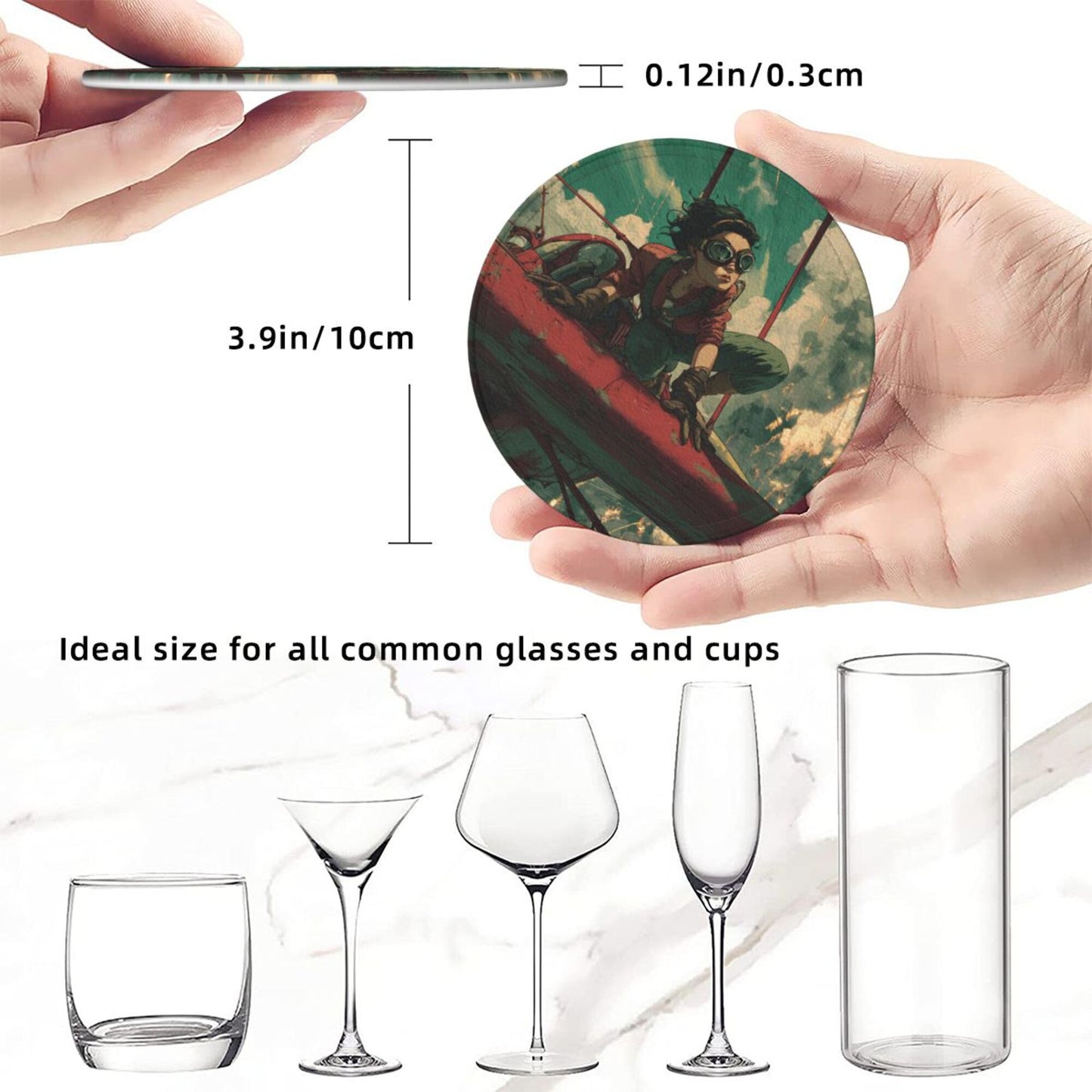 Creative Round Drink Coasters Set of 6 | Vintage Aviator Design | Non-Slip & Heat-Resistant | With Leather Holder | Fits All Common Glassware