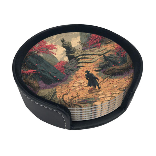 Creative Round Drink Coasters Set of 6 | Fantasy Explorer Design | Non-Slip & Heat-Resistant | With Leather Holder | Fits All Common Glassware