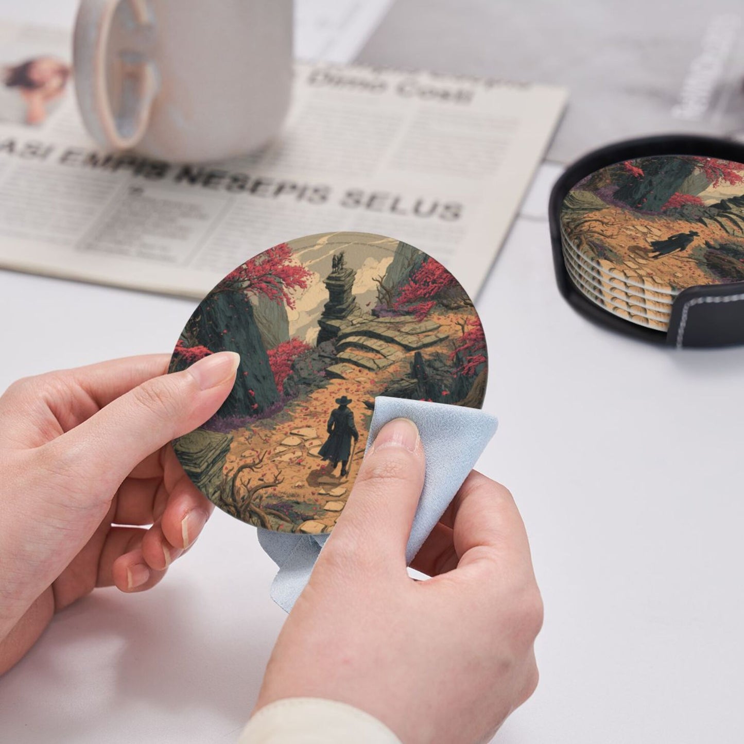 Creative Round Drink Coasters Set of 6 | Fantasy Explorer Design | Non-Slip & Heat-Resistant | With Leather Holder | Fits All Common Glassware