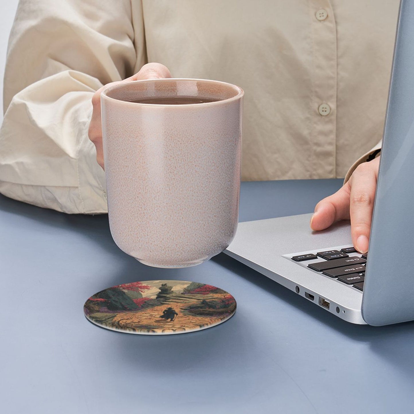 Creative Round Drink Coasters Set of 6 | Fantasy Explorer Design | Non-Slip & Heat-Resistant | With Leather Holder | Fits All Common Glassware