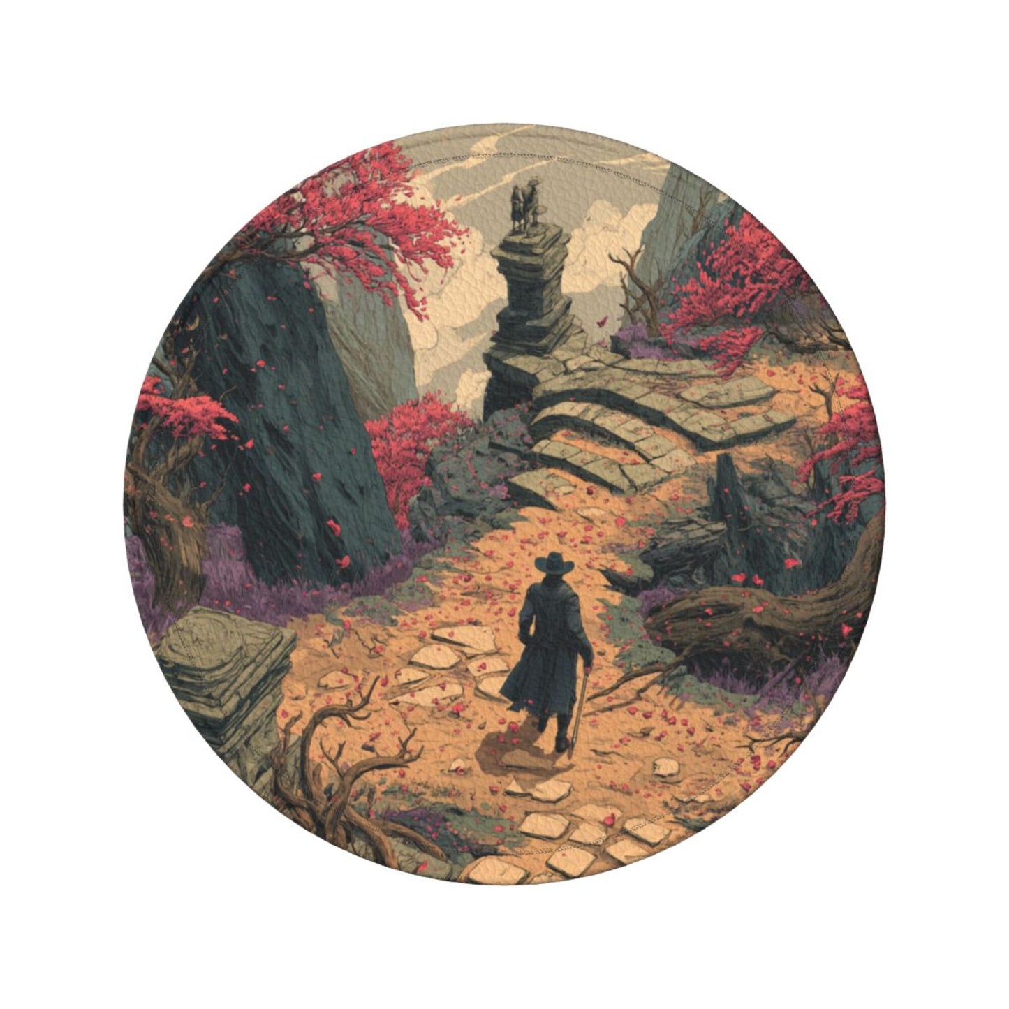 Creative Round Drink Coasters Set of 6 | Fantasy Explorer Design | Non-Slip & Heat-Resistant | With Leather Holder | Fits All Common Glassware