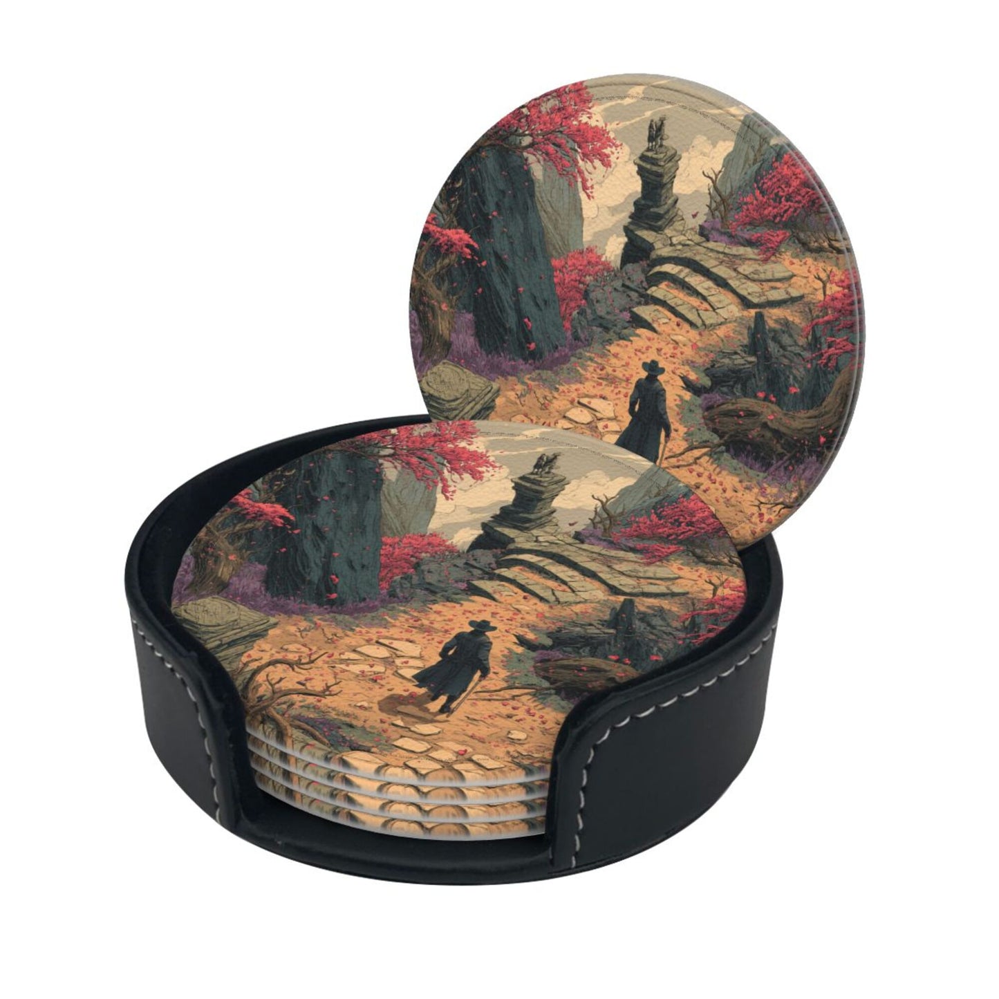 Creative Round Drink Coasters Set of 6 | Fantasy Explorer Design | Non-Slip & Heat-Resistant | With Leather Holder | Fits All Common Glassware