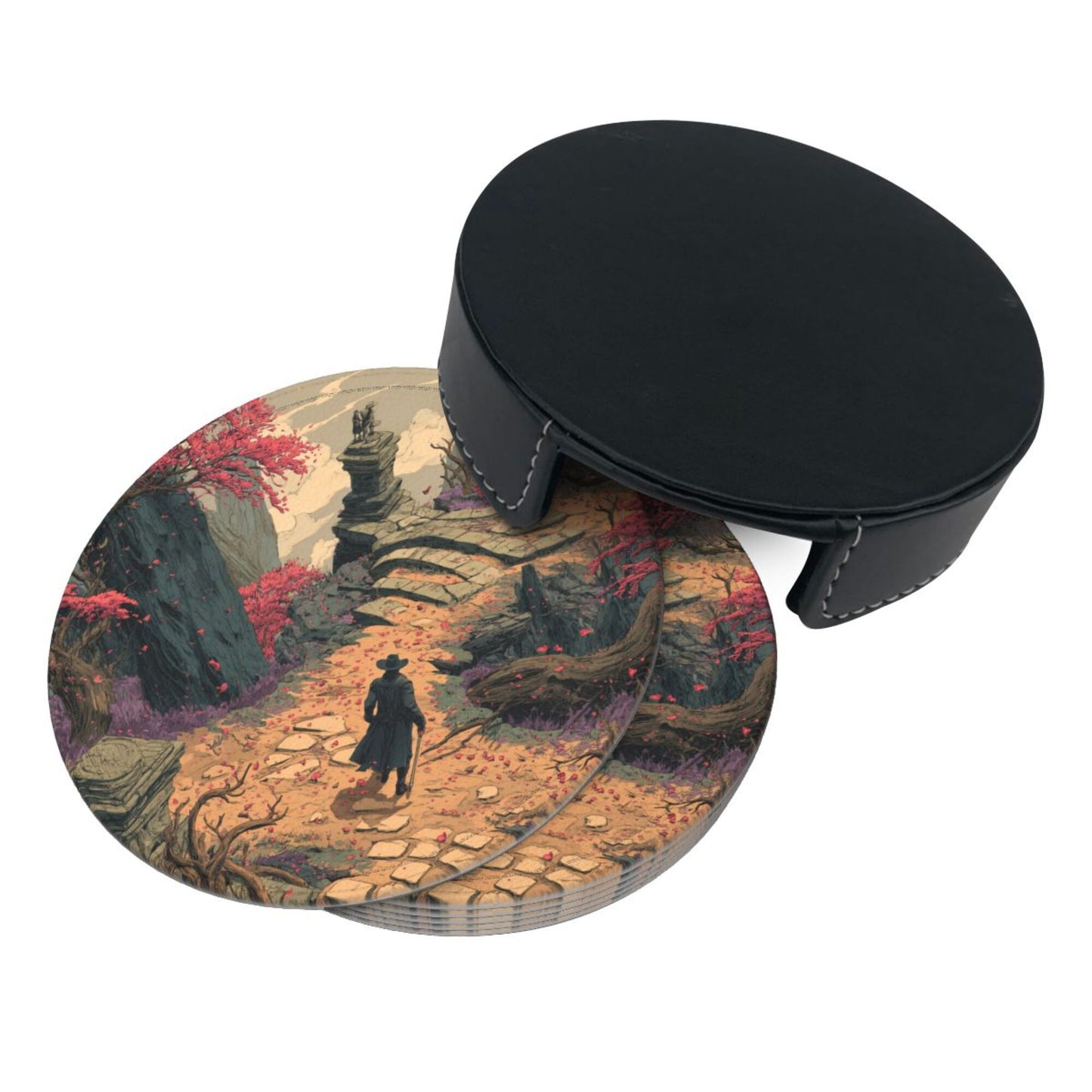 Creative Round Drink Coasters Set of 6 | Fantasy Explorer Design | Non-Slip & Heat-Resistant | With Leather Holder | Fits All Common Glassware