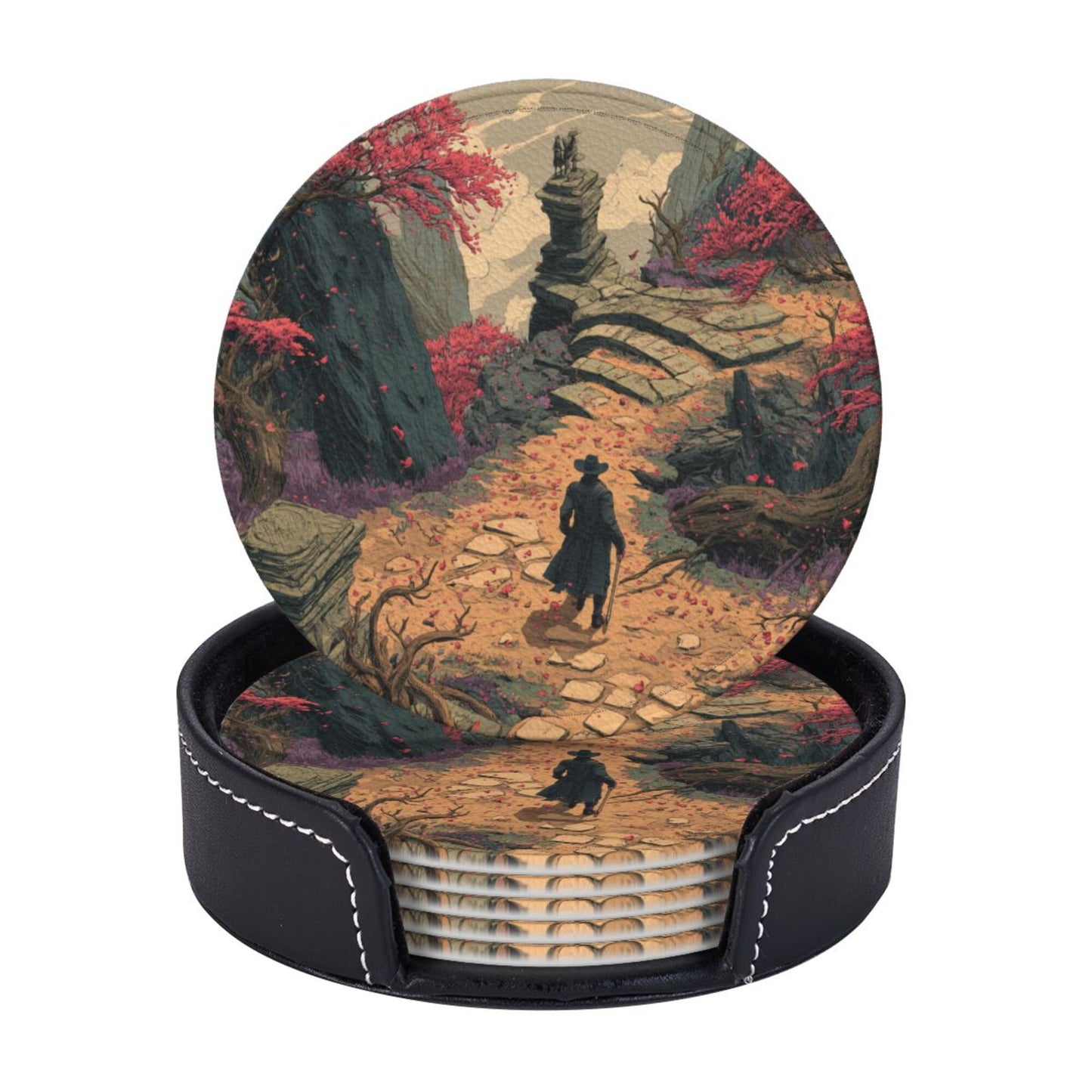 Creative Round Drink Coasters Set of 6 | Fantasy Explorer Design | Non-Slip & Heat-Resistant | With Leather Holder | Fits All Common Glassware