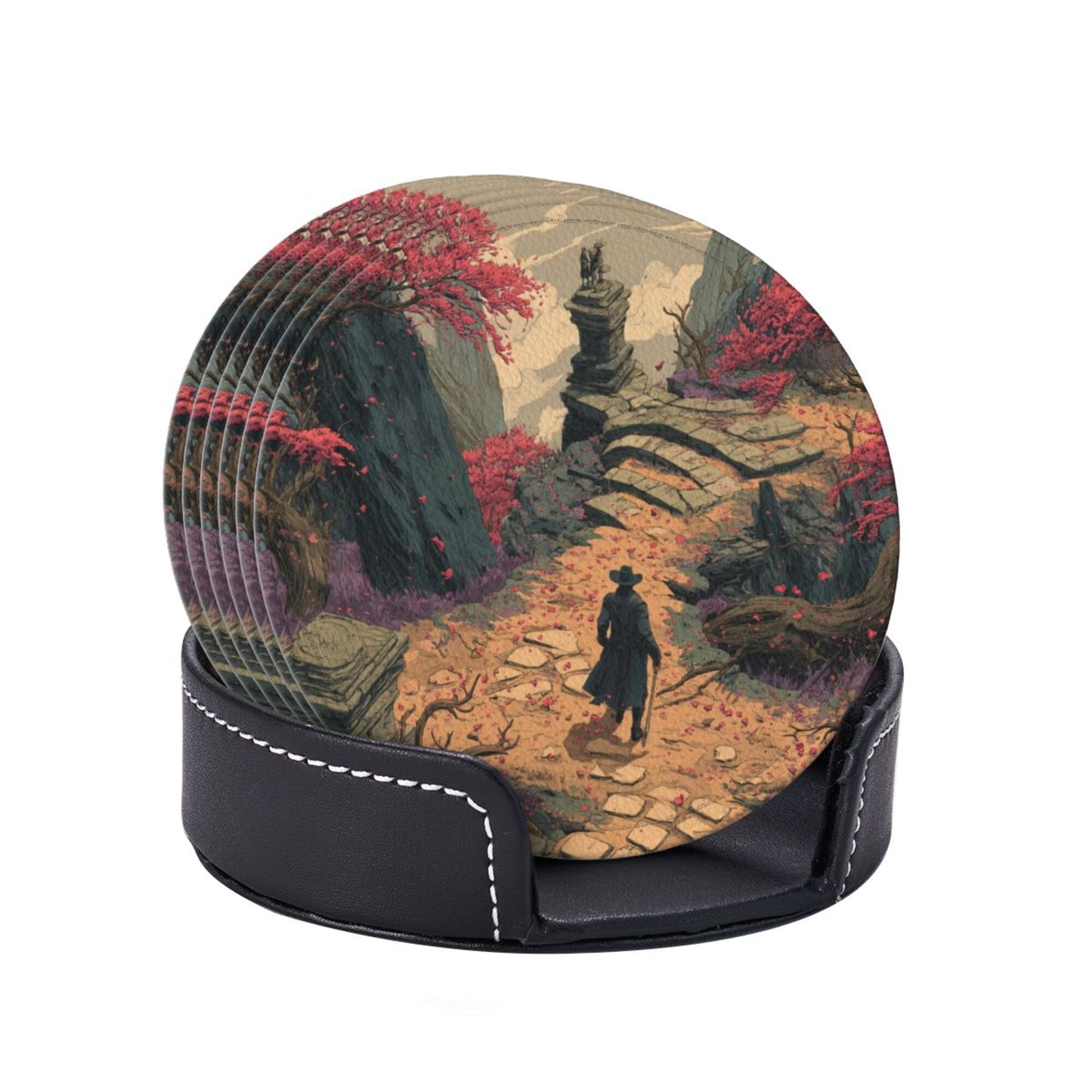 Creative Round Drink Coasters Set of 6 | Fantasy Explorer Design | Non-Slip & Heat-Resistant | With Leather Holder | Fits All Common Glassware