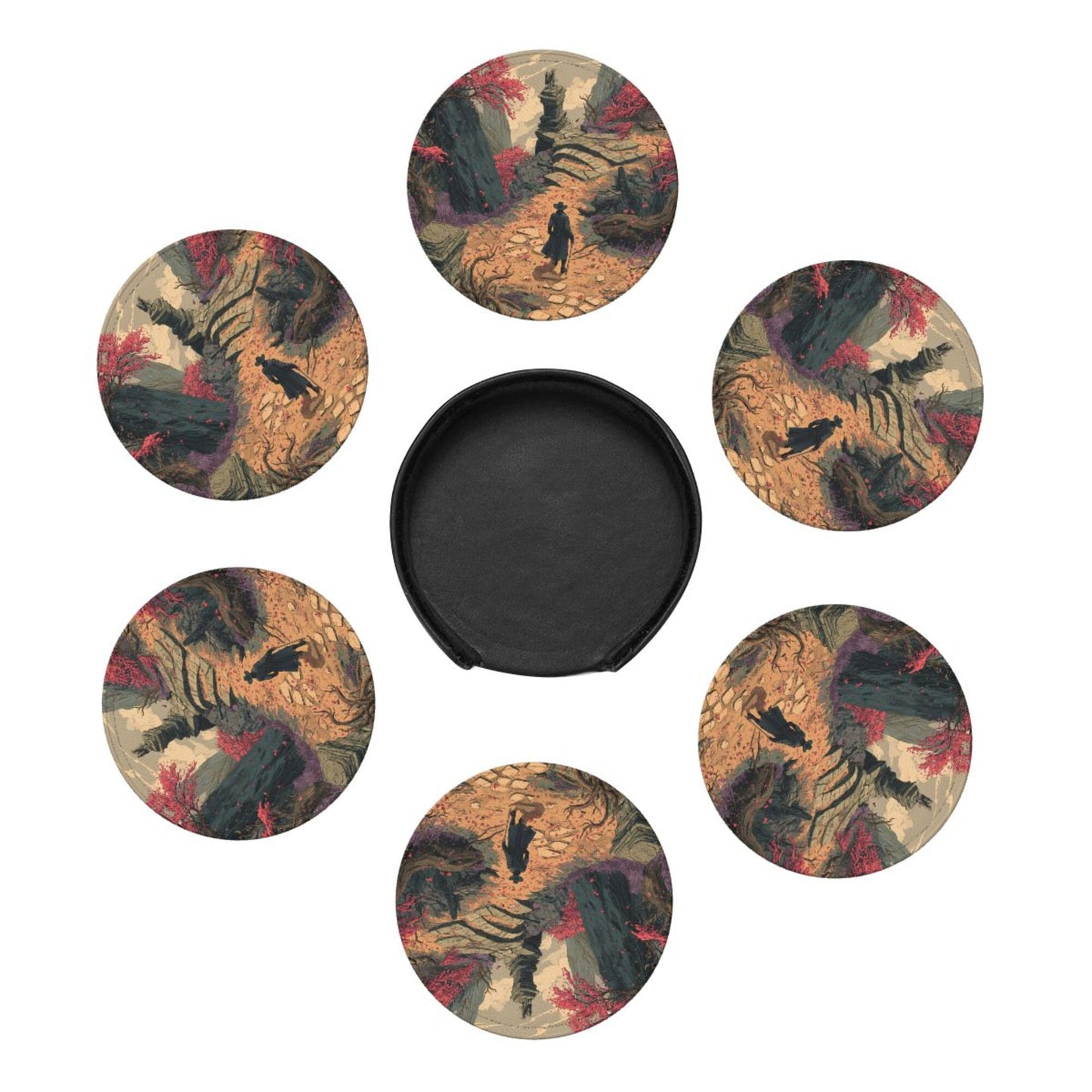 Creative Round Drink Coasters Set of 6 | Fantasy Explorer Design | Non-Slip & Heat-Resistant | With Leather Holder | Fits All Common Glassware