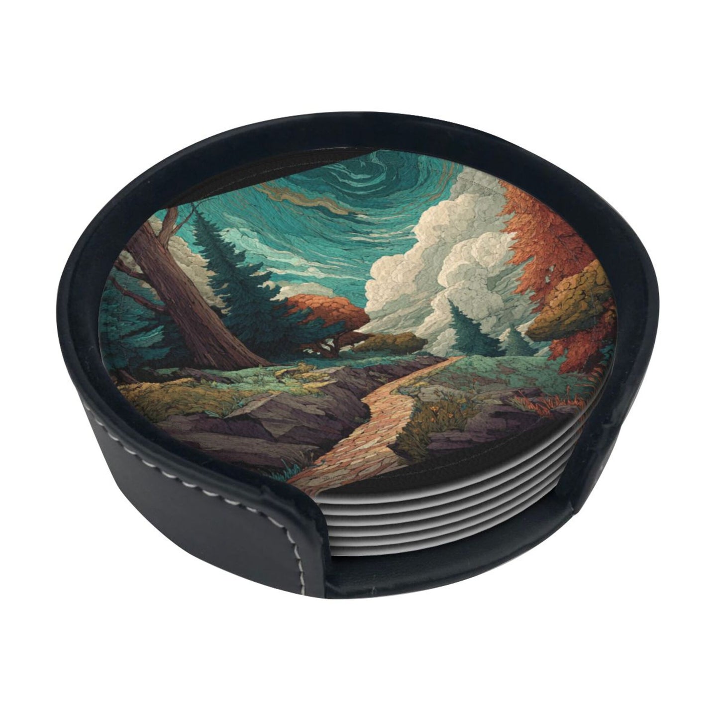 Creative Round Drink Coasters Set of 6 | Forest Path Illustration Design | Non-Slip & Heat-Resistant | With Leather Holder | Fits All Common Glasswar