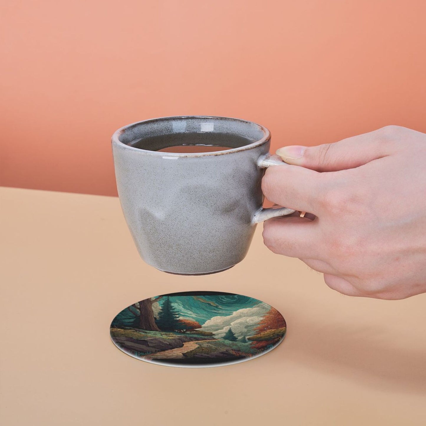 Creative Round Drink Coasters Set of 6 | Forest Path Illustration Design | Non-Slip & Heat-Resistant | With Leather Holder | Fits All Common Glasswar