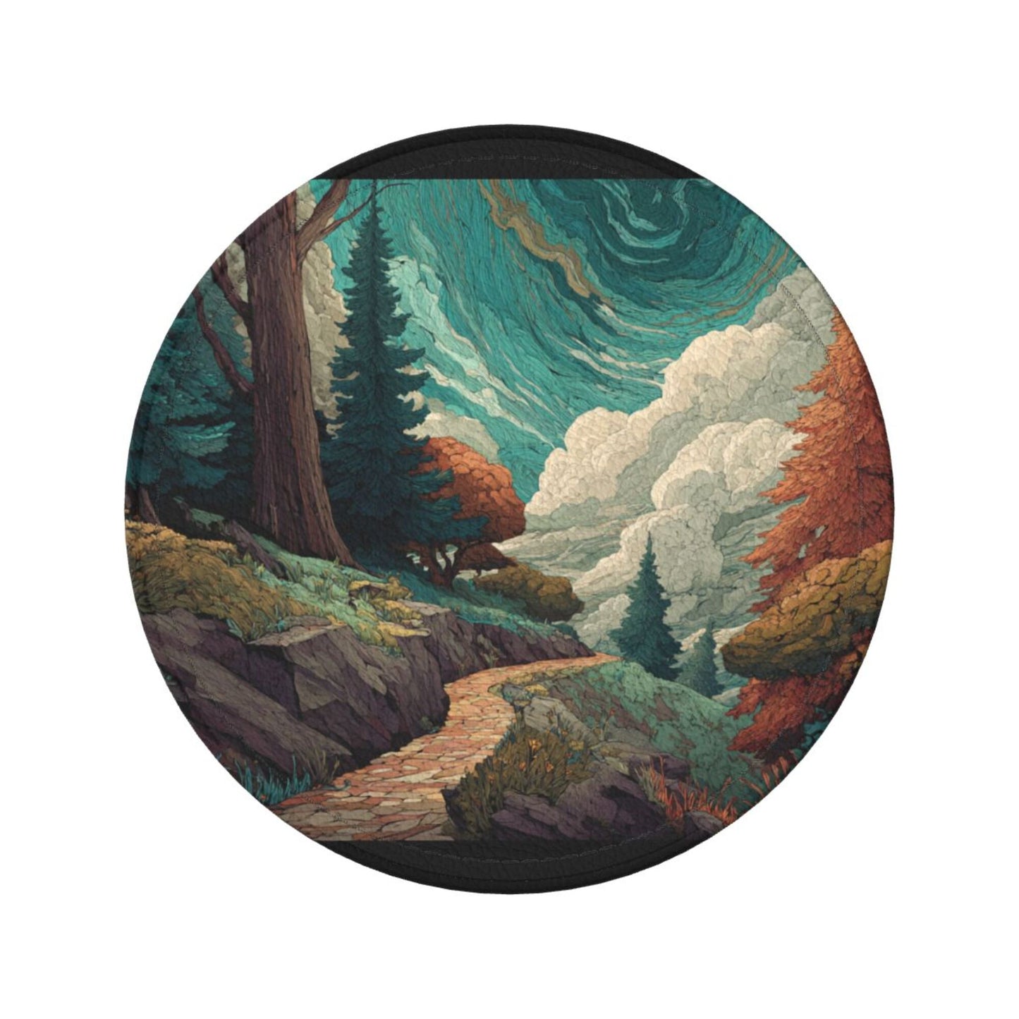 Creative Round Drink Coasters Set of 6 | Forest Path Illustration Design | Non-Slip & Heat-Resistant | With Leather Holder | Fits All Common Glasswar