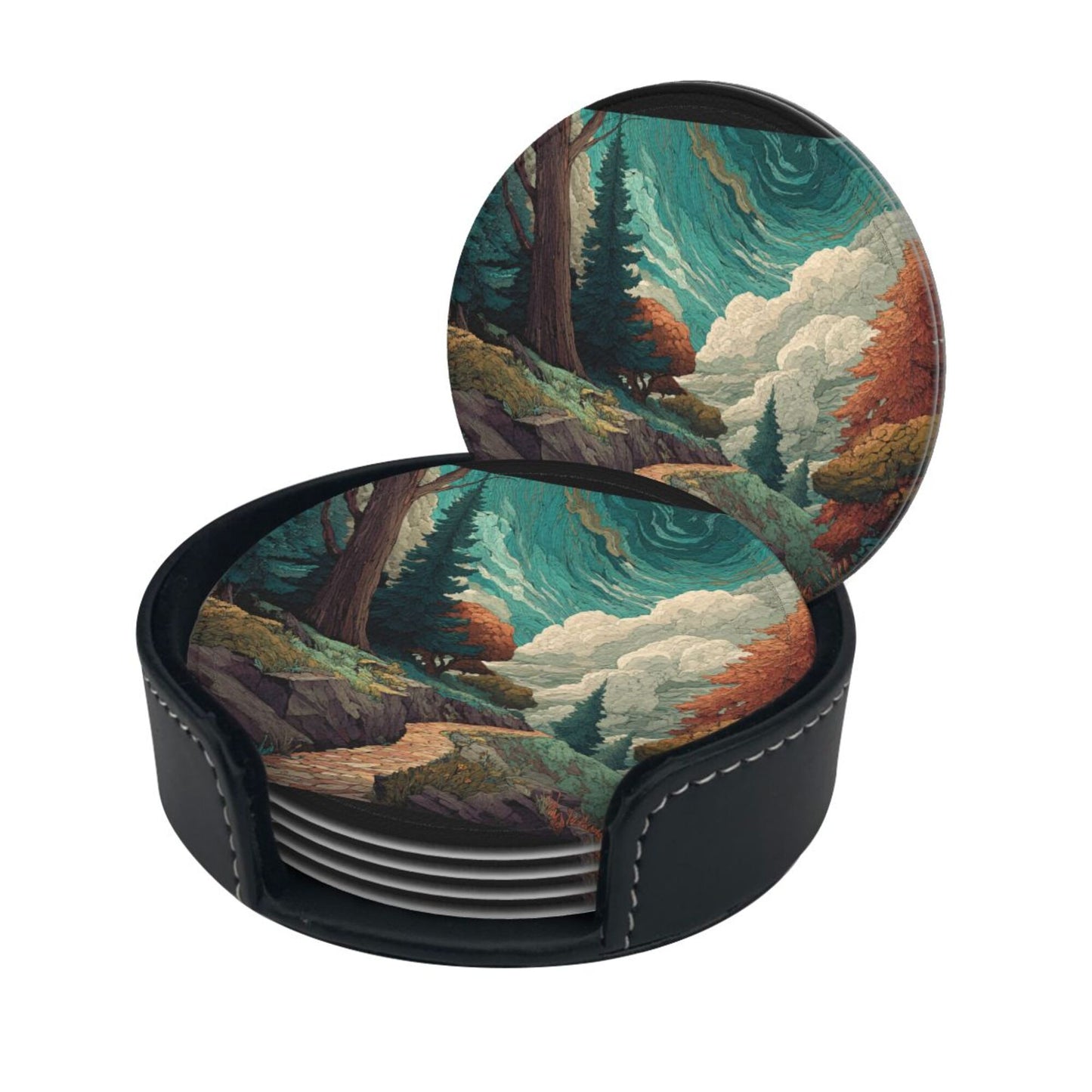Creative Round Drink Coasters Set of 6 | Forest Path Illustration Design | Non-Slip & Heat-Resistant | With Leather Holder | Fits All Common Glasswar