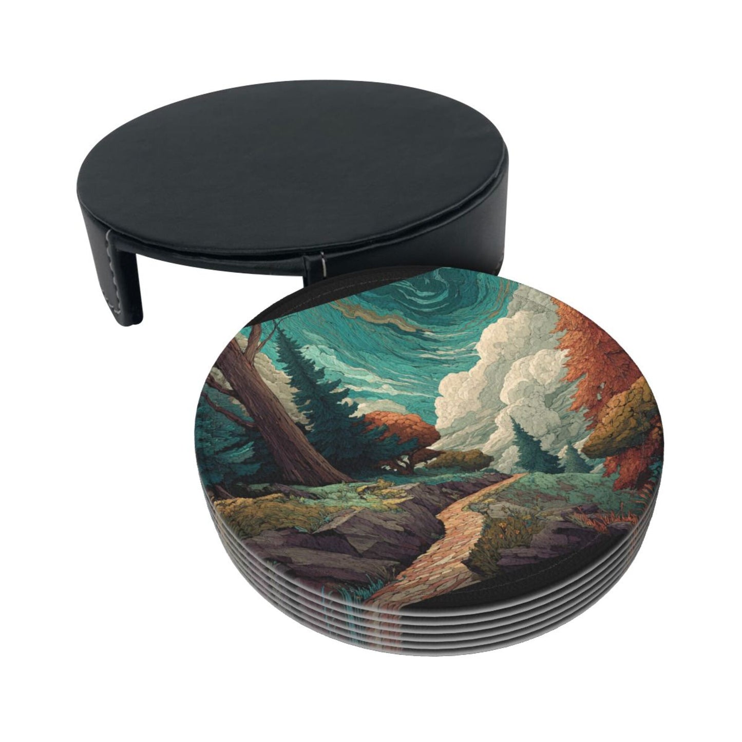 Creative Round Drink Coasters Set of 6 | Forest Path Illustration Design | Non-Slip & Heat-Resistant | With Leather Holder | Fits All Common Glasswar