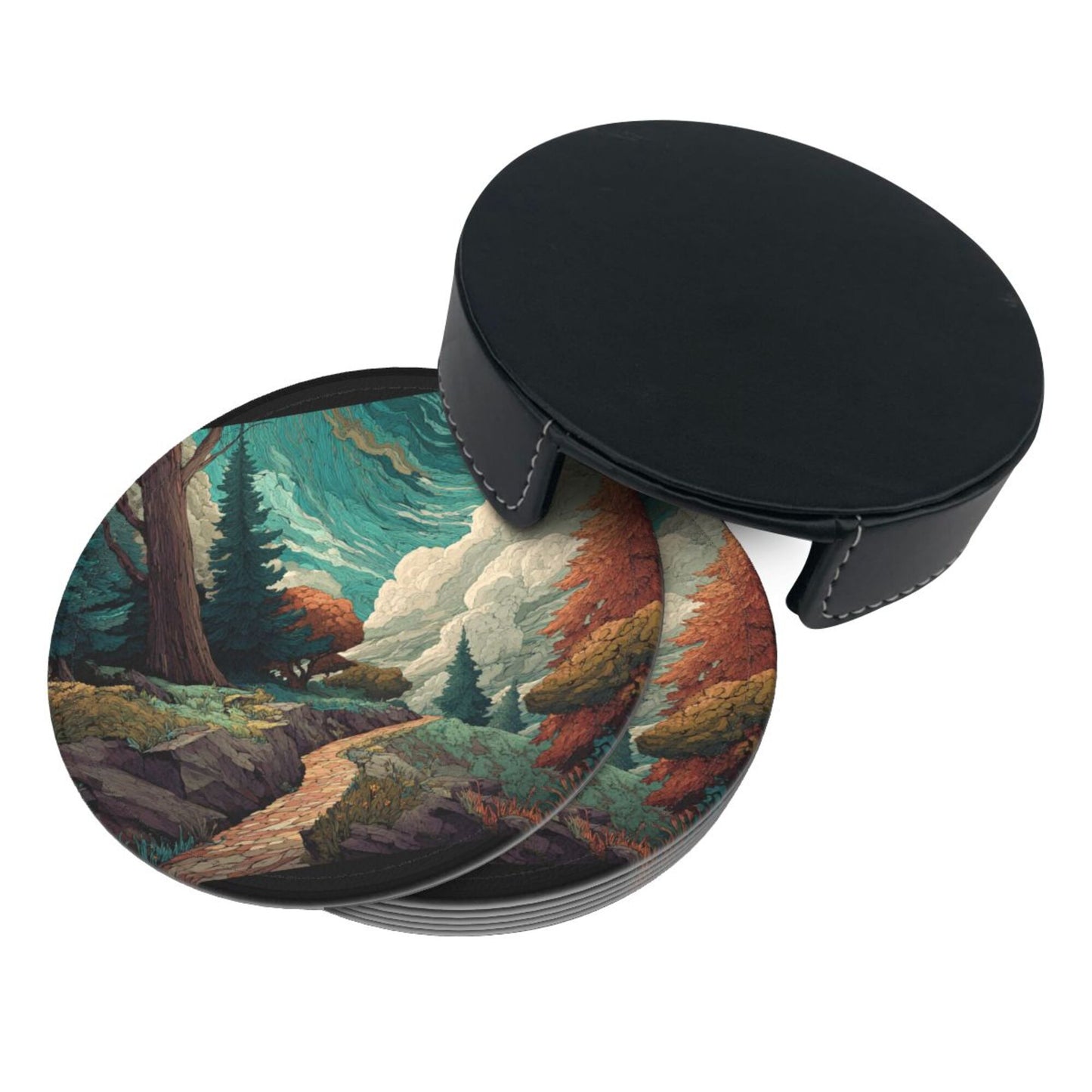 Creative Round Drink Coasters Set of 6 | Forest Path Illustration Design | Non-Slip & Heat-Resistant | With Leather Holder | Fits All Common Glasswar