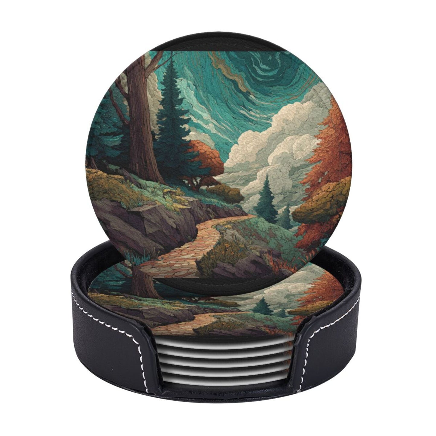 Creative Round Drink Coasters Set of 6 | Forest Path Illustration Design | Non-Slip & Heat-Resistant | With Leather Holder | Fits All Common Glasswar