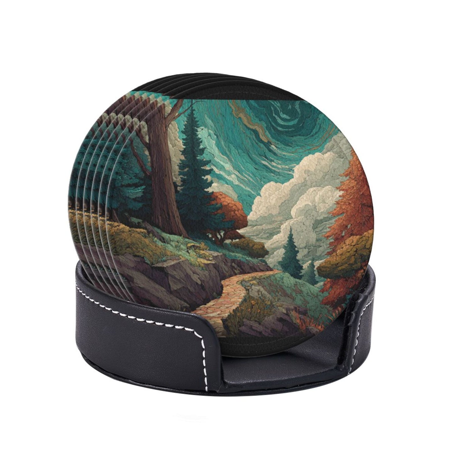 Creative Round Drink Coasters Set of 6 | Forest Path Illustration Design | Non-Slip & Heat-Resistant | With Leather Holder | Fits All Common Glasswar