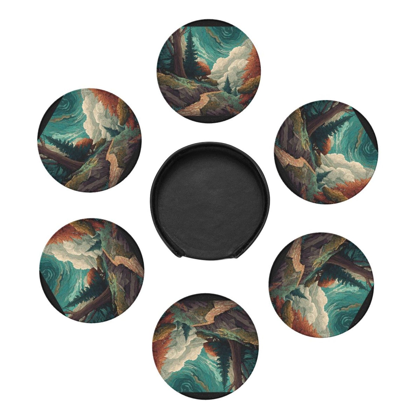 Creative Round Drink Coasters Set of 6 | Forest Path Illustration Design | Non-Slip & Heat-Resistant | With Leather Holder | Fits All Common Glasswar