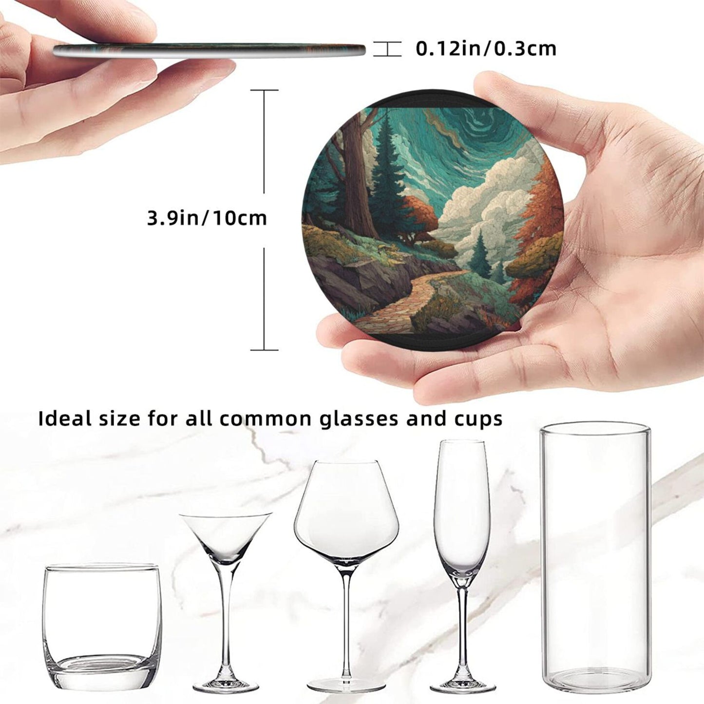 Creative Round Drink Coasters Set of 6 | Forest Path Illustration Design | Non-Slip & Heat-Resistant | With Leather Holder | Fits All Common Glasswar