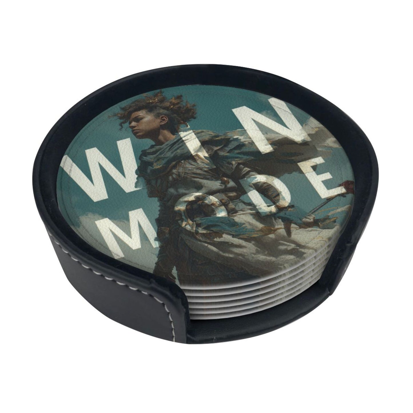 Creative Round Drink Coasters Set of 6 | Non-Slip & Heat-Resistant | WIN MODE Design | With Leather Holder | Fits All Common Glasses
