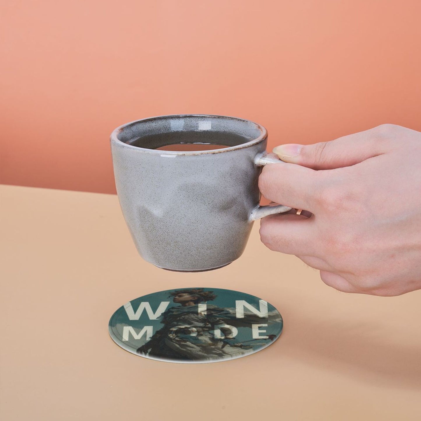 Creative Round Drink Coasters Set of 6 | Non-Slip & Heat-Resistant | WIN MODE Design | With Leather Holder | Fits All Common Glasses