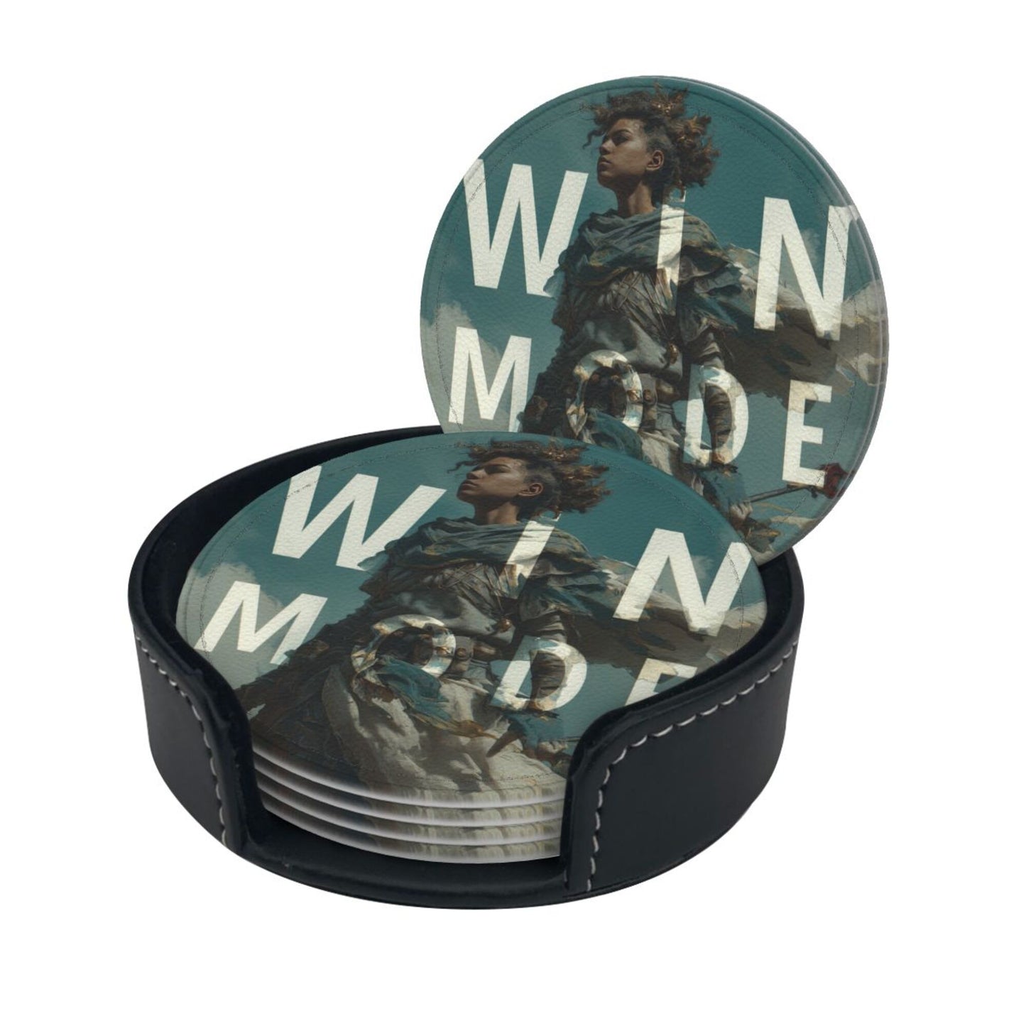 Creative Round Drink Coasters Set of 6 | Non-Slip & Heat-Resistant | WIN MODE Design | With Leather Holder | Fits All Common Glasses