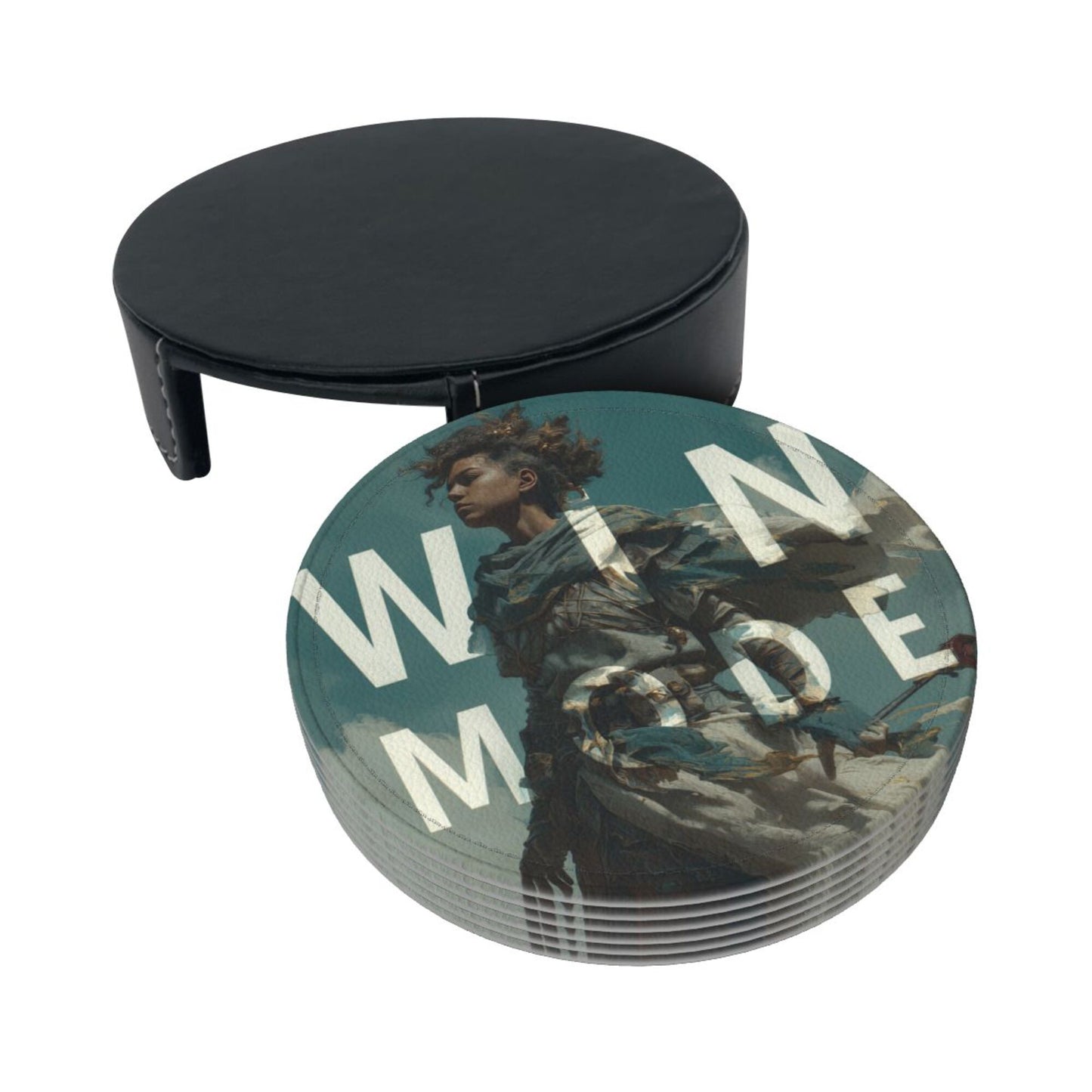 Creative Round Drink Coasters Set of 6 | Non-Slip & Heat-Resistant | WIN MODE Design | With Leather Holder | Fits All Common Glasses