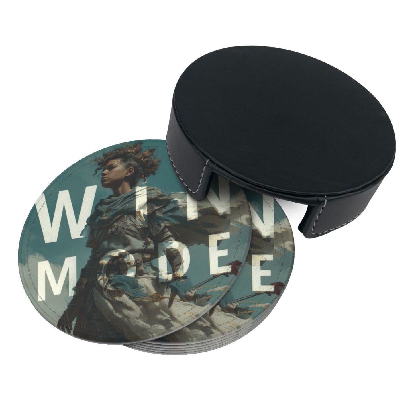 Creative Round Drink Coasters Set of 6 | Non-Slip & Heat-Resistant | WIN MODE Design | With Leather Holder | Fits All Common Glasses