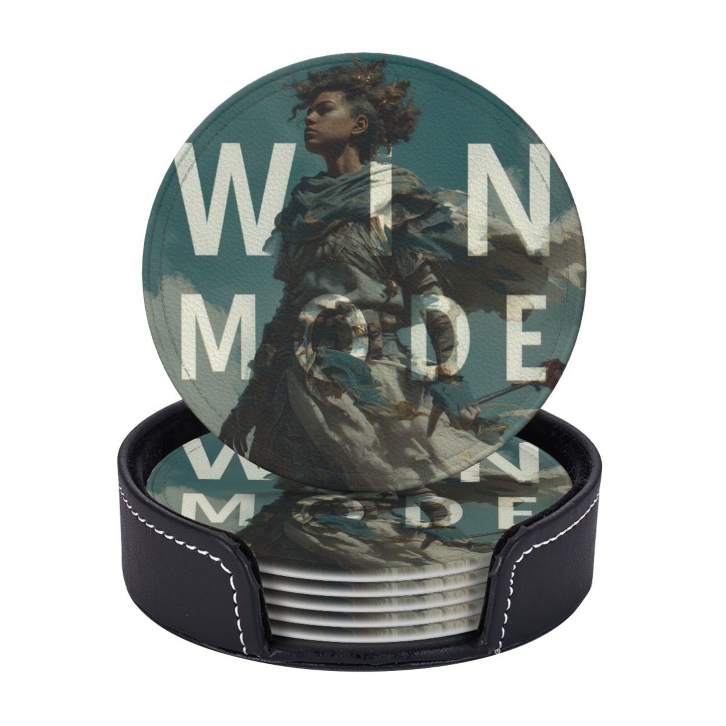 Creative Round Drink Coasters Set of 6 | Non-Slip & Heat-Resistant | WIN MODE Design | With Leather Holder | Fits All Common Glasses
