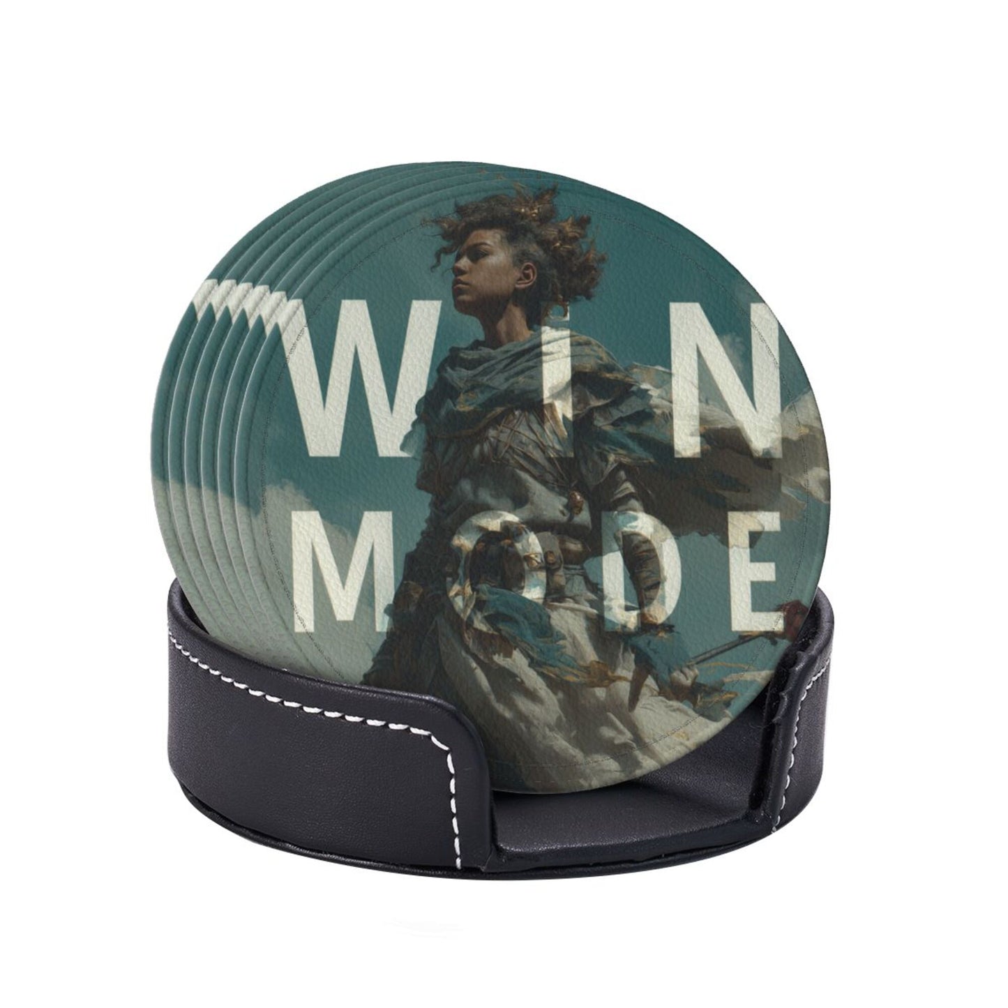 Creative Round Drink Coasters Set of 6 | Non-Slip & Heat-Resistant | WIN MODE Design | With Leather Holder | Fits All Common Glasses
