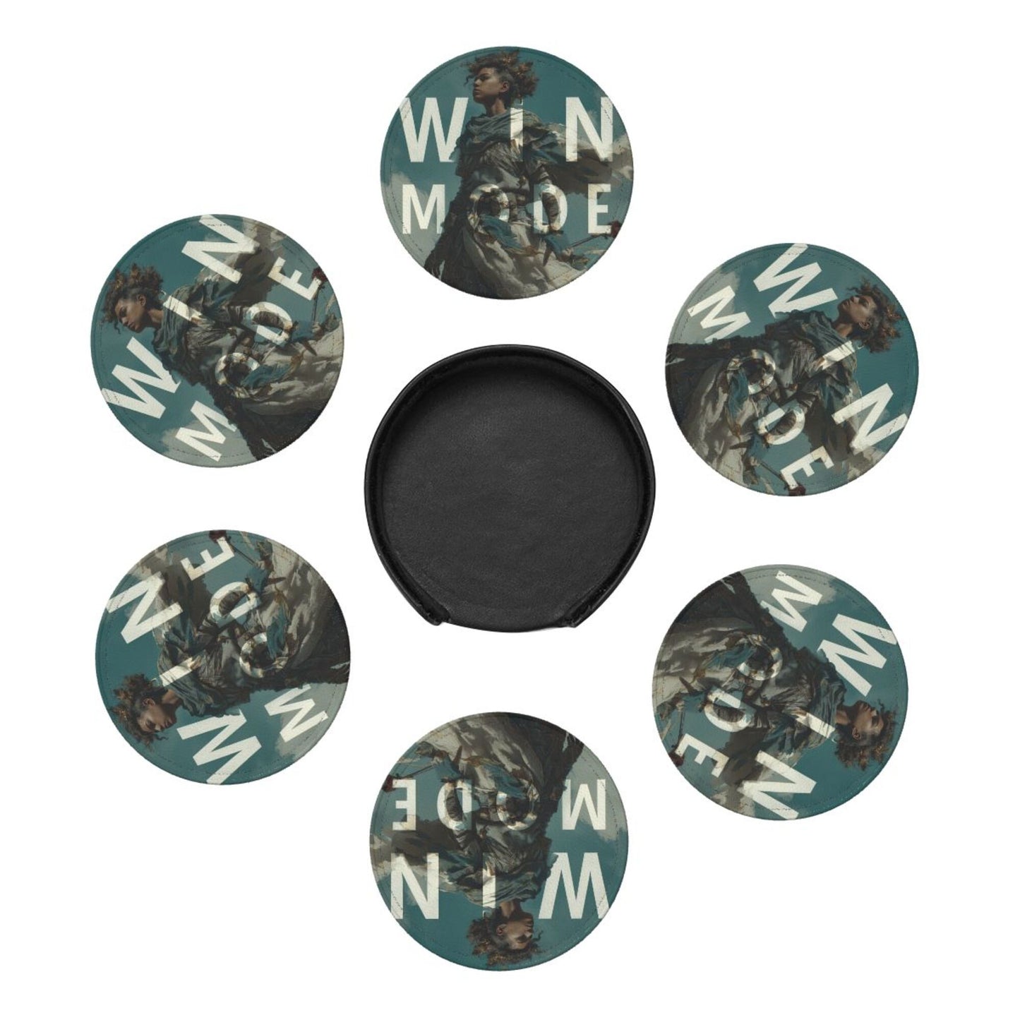 Creative Round Drink Coasters Set of 6 | Non-Slip & Heat-Resistant | WIN MODE Design | With Leather Holder | Fits All Common Glasses