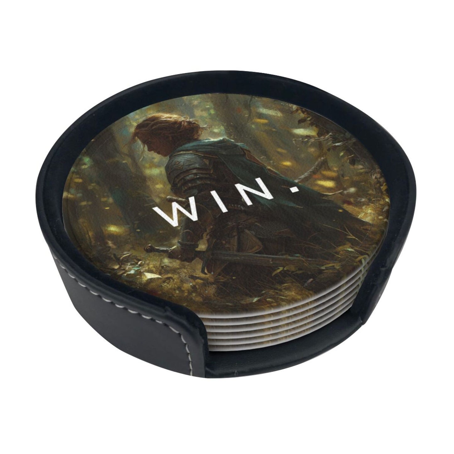 Creative Round Drink Coasters Set of 6 | Non-Slip & Heat-Resistant | WIN Knight Design | With Leather Holder | Fits All Glassware