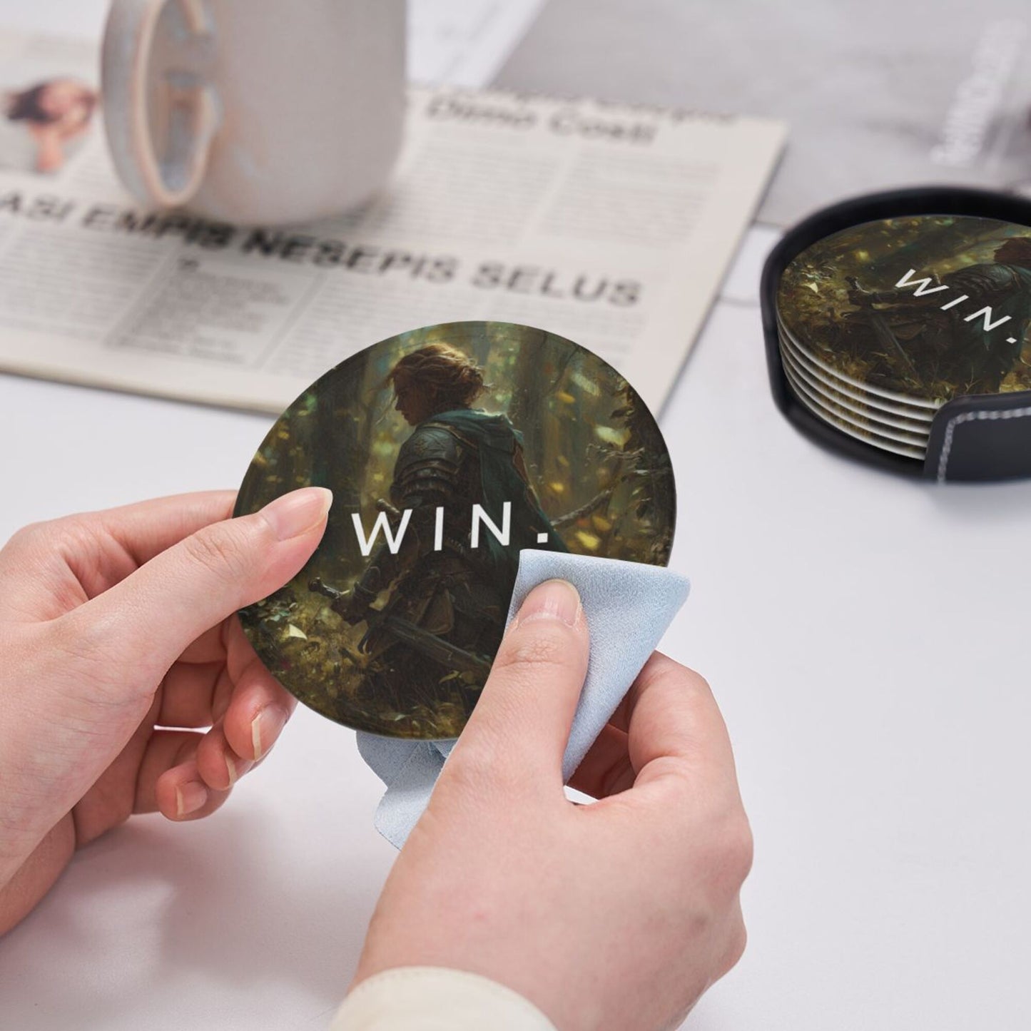 Creative Round Drink Coasters Set of 6 | Non-Slip & Heat-Resistant | WIN Knight Design | With Leather Holder | Fits All Glassware