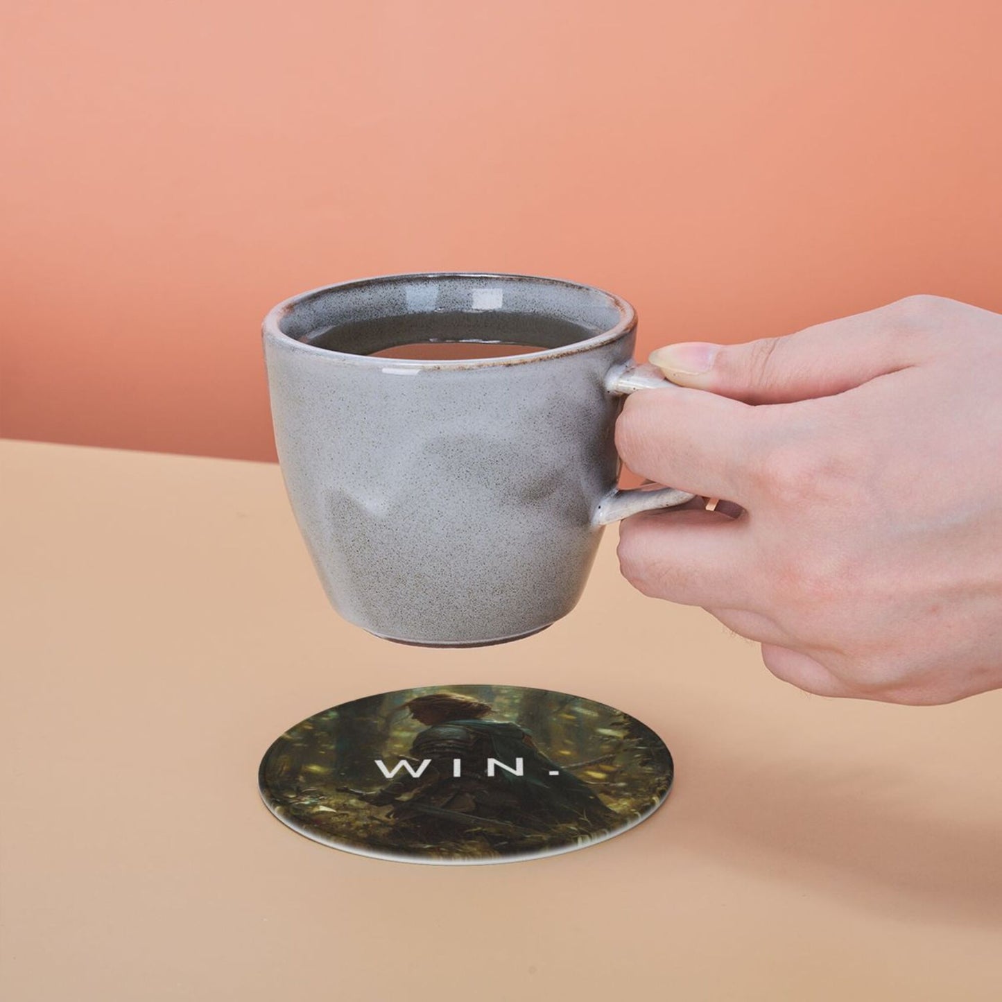 Creative Round Drink Coasters Set of 6 | Non-Slip & Heat-Resistant | WIN Knight Design | With Leather Holder | Fits All Glassware