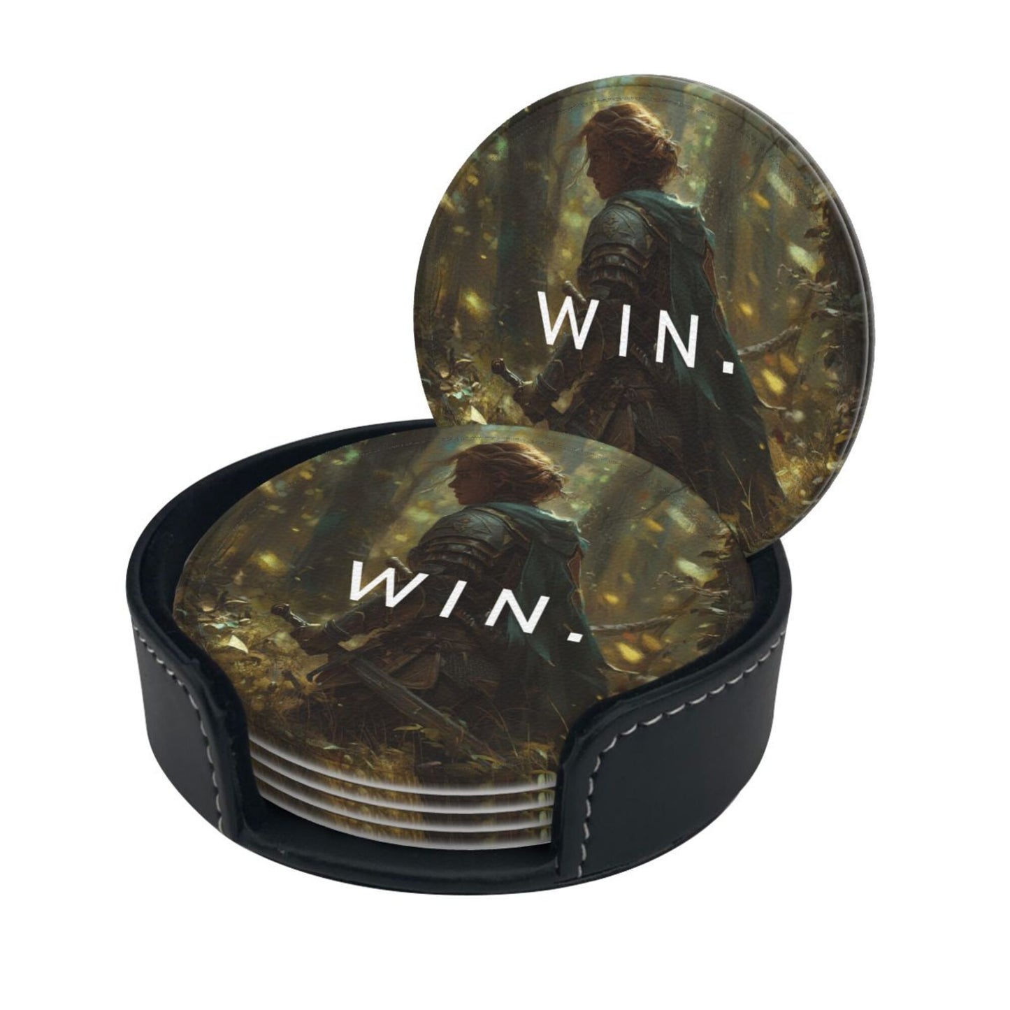 Creative Round Drink Coasters Set of 6 | Non-Slip & Heat-Resistant | WIN Knight Design | With Leather Holder | Fits All Glassware
