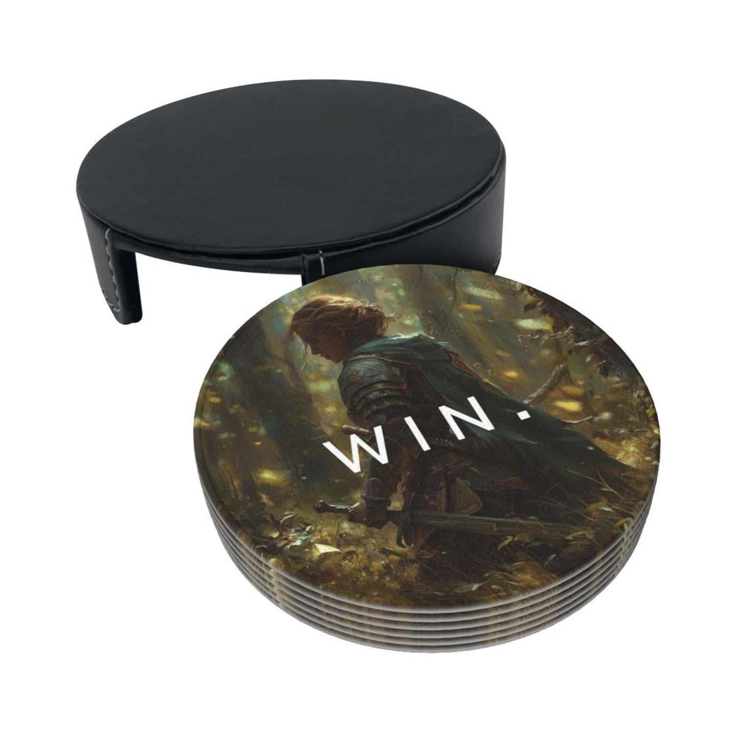 Creative Round Drink Coasters Set of 6 | Non-Slip & Heat-Resistant | WIN Knight Design | With Leather Holder | Fits All Glassware