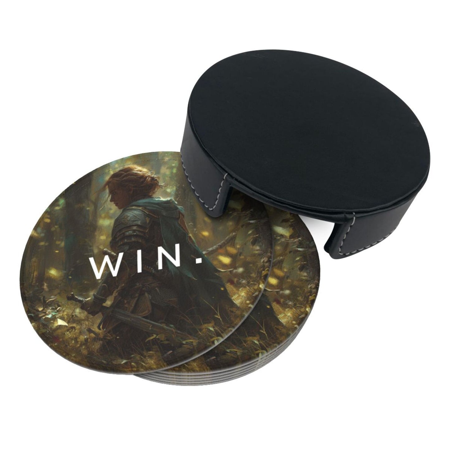 Creative Round Drink Coasters Set of 6 | Non-Slip & Heat-Resistant | WIN Knight Design | With Leather Holder | Fits All Glassware