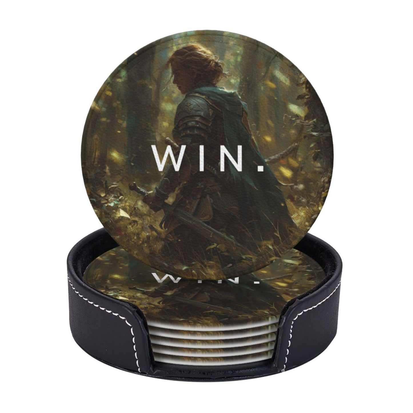 Creative Round Drink Coasters Set of 6 | Non-Slip & Heat-Resistant | WIN Knight Design | With Leather Holder | Fits All Glassware