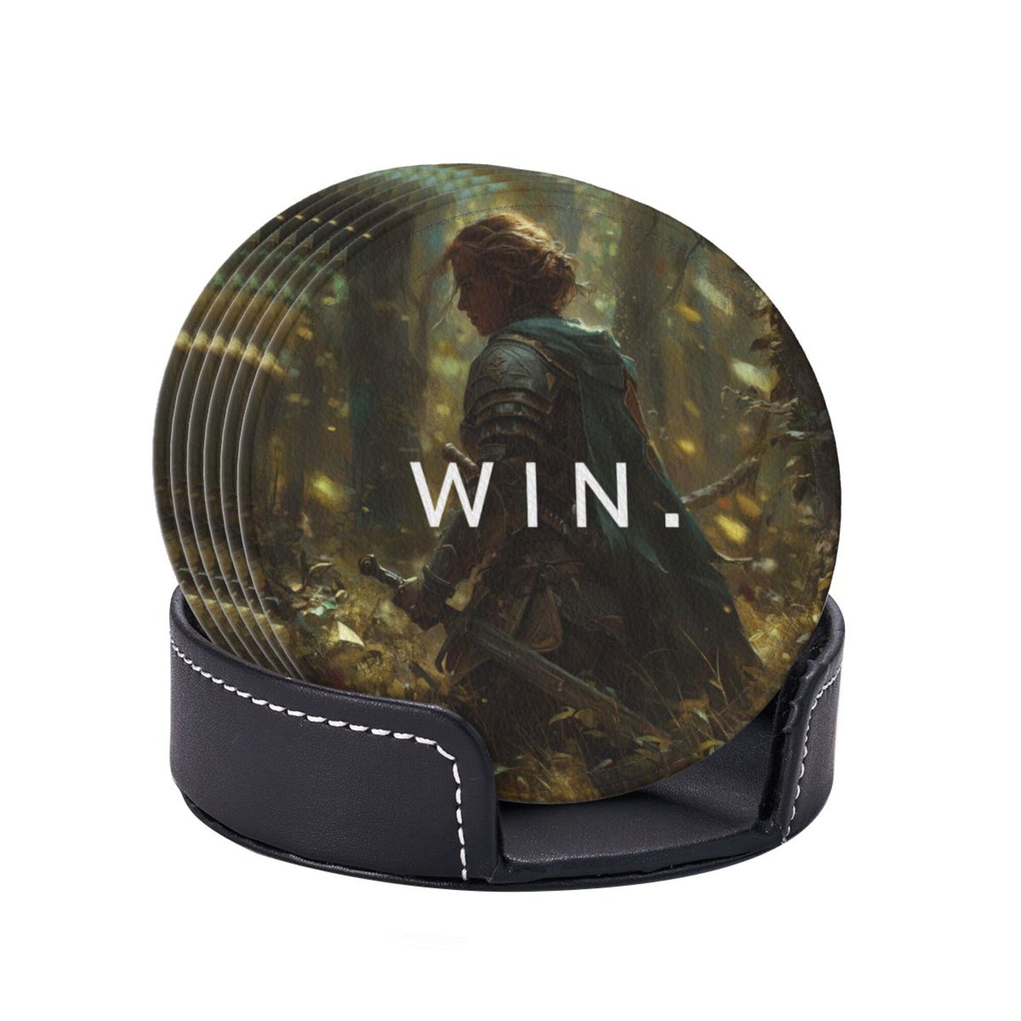Creative Round Drink Coasters Set of 6 | Non-Slip & Heat-Resistant | WIN Knight Design | With Leather Holder | Fits All Glassware