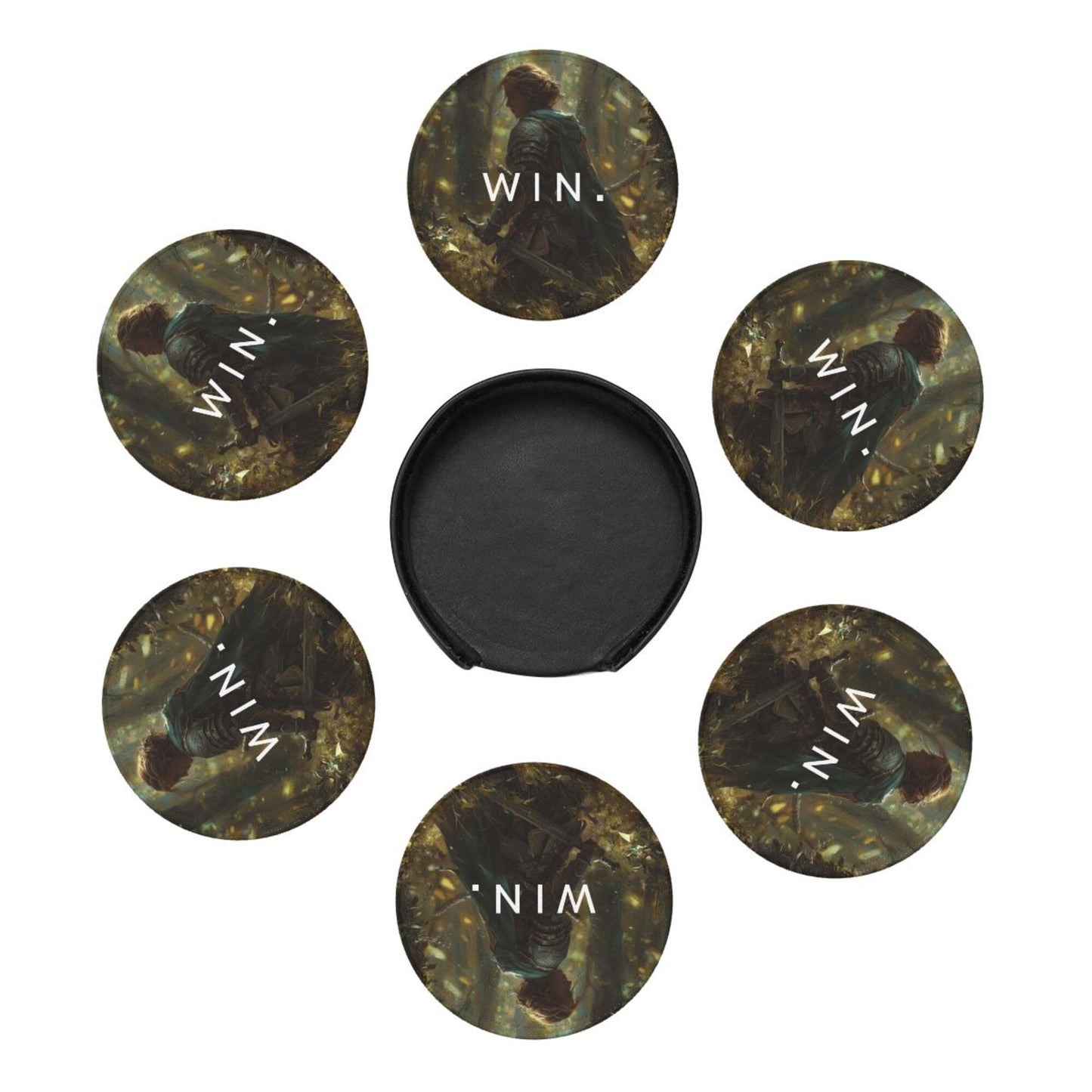 Creative Round Drink Coasters Set of 6 | Non-Slip & Heat-Resistant | WIN Knight Design | With Leather Holder | Fits All Glassware