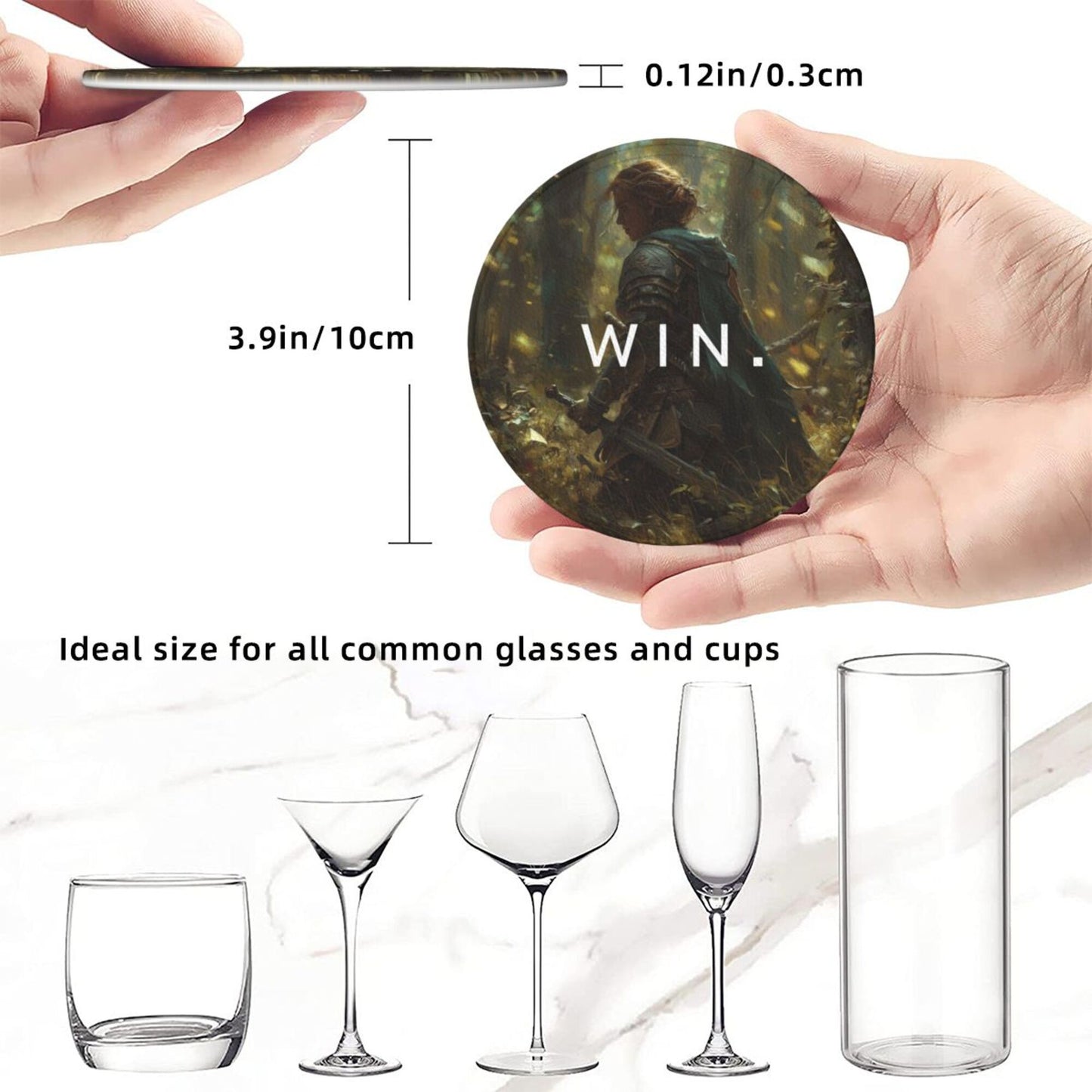 Creative Round Drink Coasters Set of 6 | Non-Slip & Heat-Resistant | WIN Knight Design | With Leather Holder | Fits All Glassware