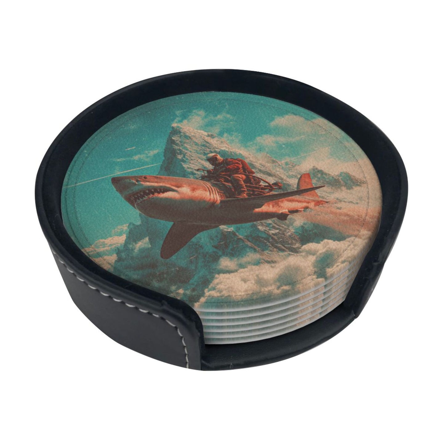 Creative Round Drink Coasters Set of 6 | Shark Rider Fantasy Design | Non-Slip & Heat-Resistant | With Leather Holder | Fits All Glassware