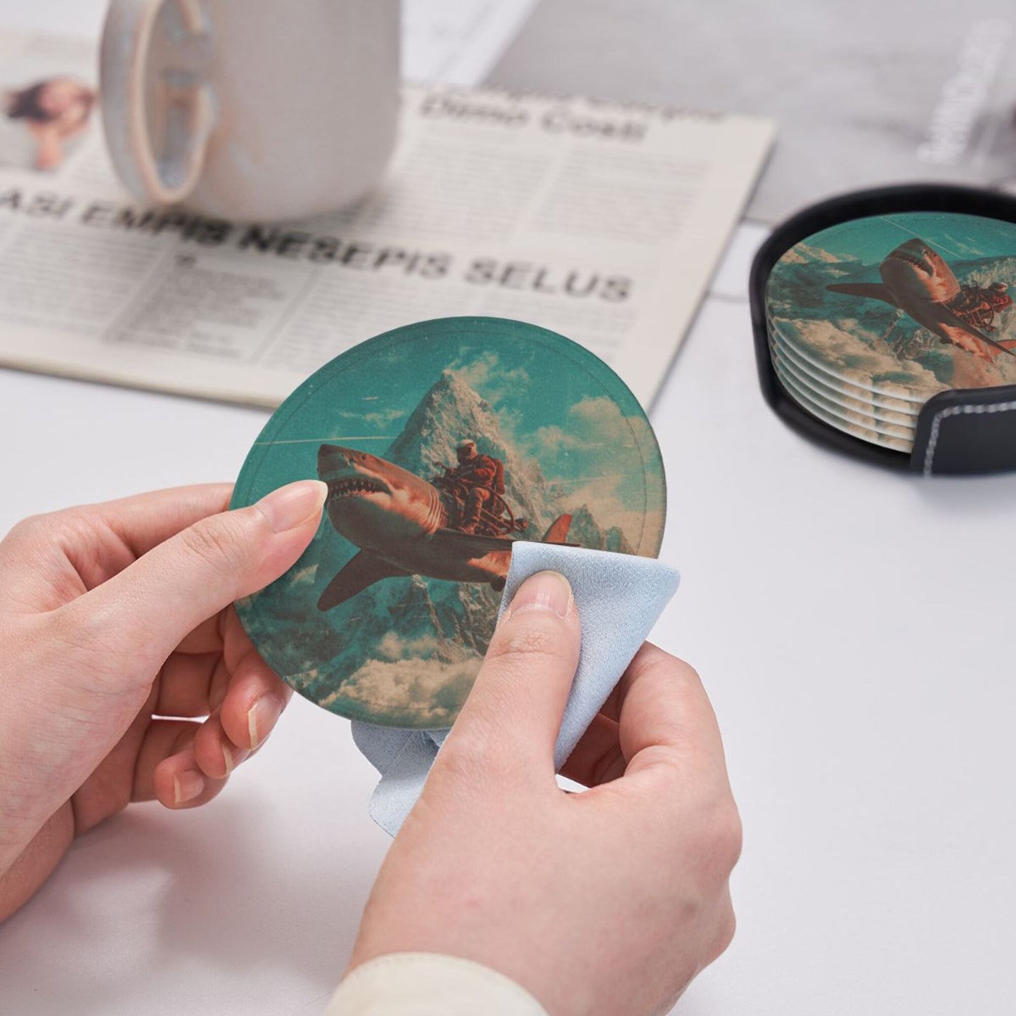 Creative Round Drink Coasters Set of 6 | Shark Rider Fantasy Design | Non-Slip & Heat-Resistant | With Leather Holder | Fits All Glassware