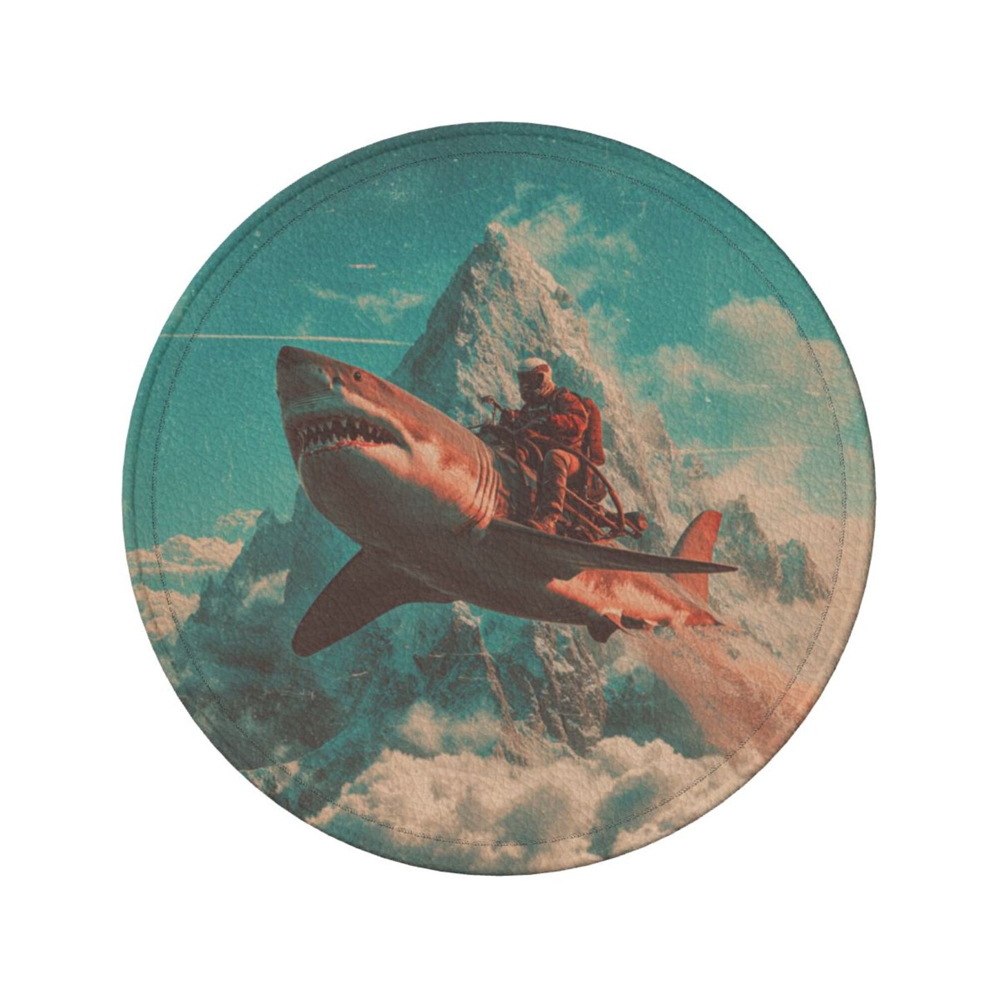 Creative Round Drink Coasters Set of 6 | Shark Rider Fantasy Design | Non-Slip & Heat-Resistant | With Leather Holder | Fits All Glassware