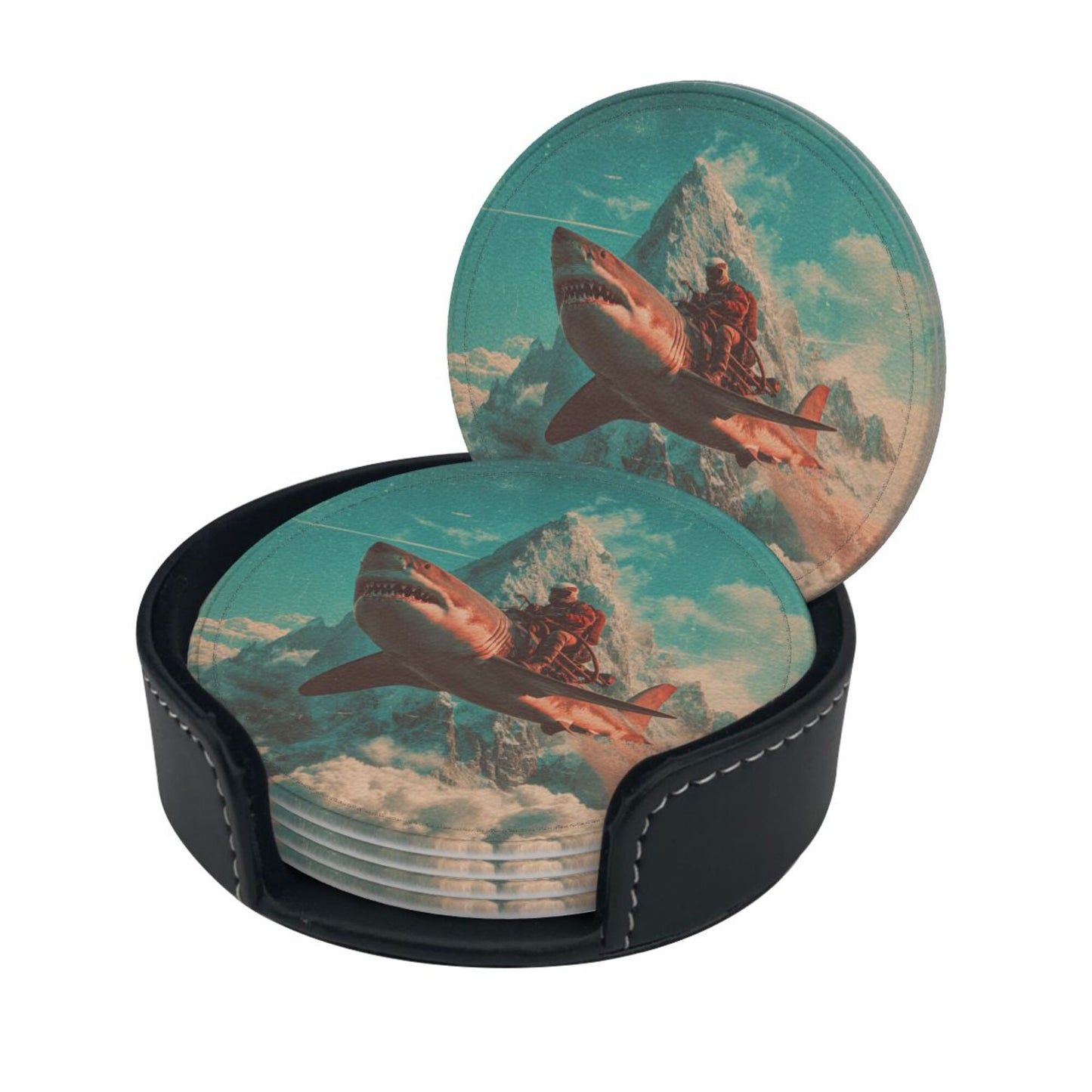 Creative Round Drink Coasters Set of 6 | Shark Rider Fantasy Design | Non-Slip & Heat-Resistant | With Leather Holder | Fits All Glassware