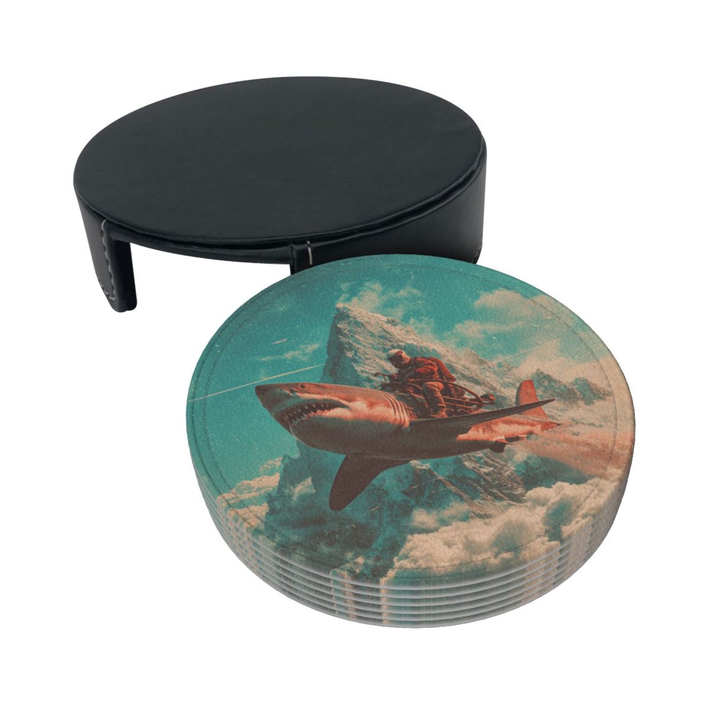 Creative Round Drink Coasters Set of 6 | Shark Rider Fantasy Design | Non-Slip & Heat-Resistant | With Leather Holder | Fits All Glassware